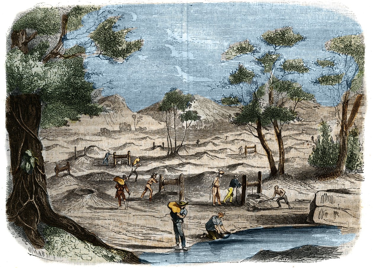Gold Rush i Australien: syn af prospektører i guldmarkerne i byen Bendigo. Indgravering fra 1856 i "" Le Musee Des Sciences"" af Unknown artist