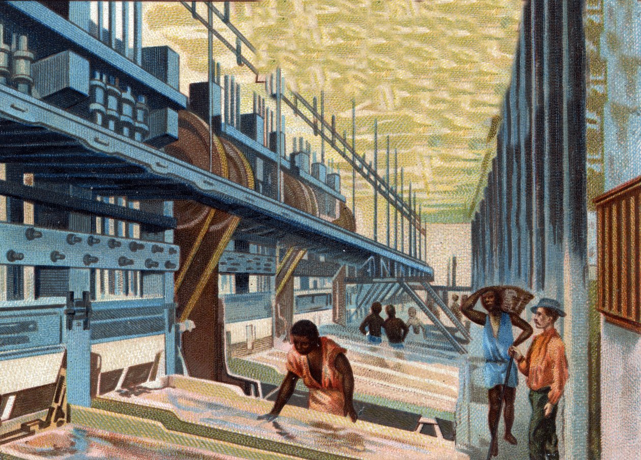 Udvinding af guld. Malmformningen i krukken vaskes med stort vand og passerer derefter over kobberpladerne for at adskille guldet fra de andre materialer. Kromolitografi i slutningen af det 19. århundrede. af Unknown artist