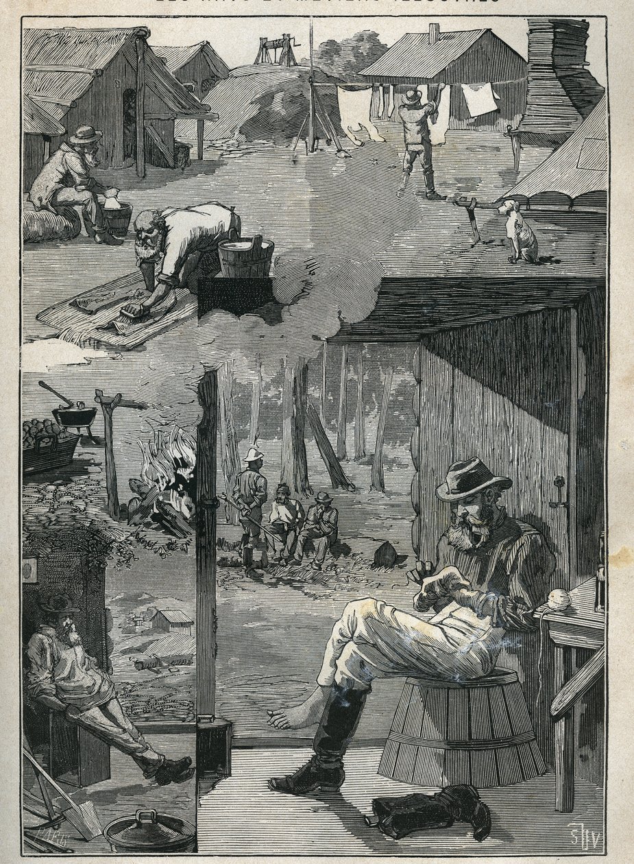 Guldsøgende i Australien: plet af minearbejderes daglige liv under deres hviledage (rengøring og tørring af linned, sokker osv.). Indgravering fra 1885 i "" Les arts et metiers illustres"" af Adolphe BITARD. af Unknown artist