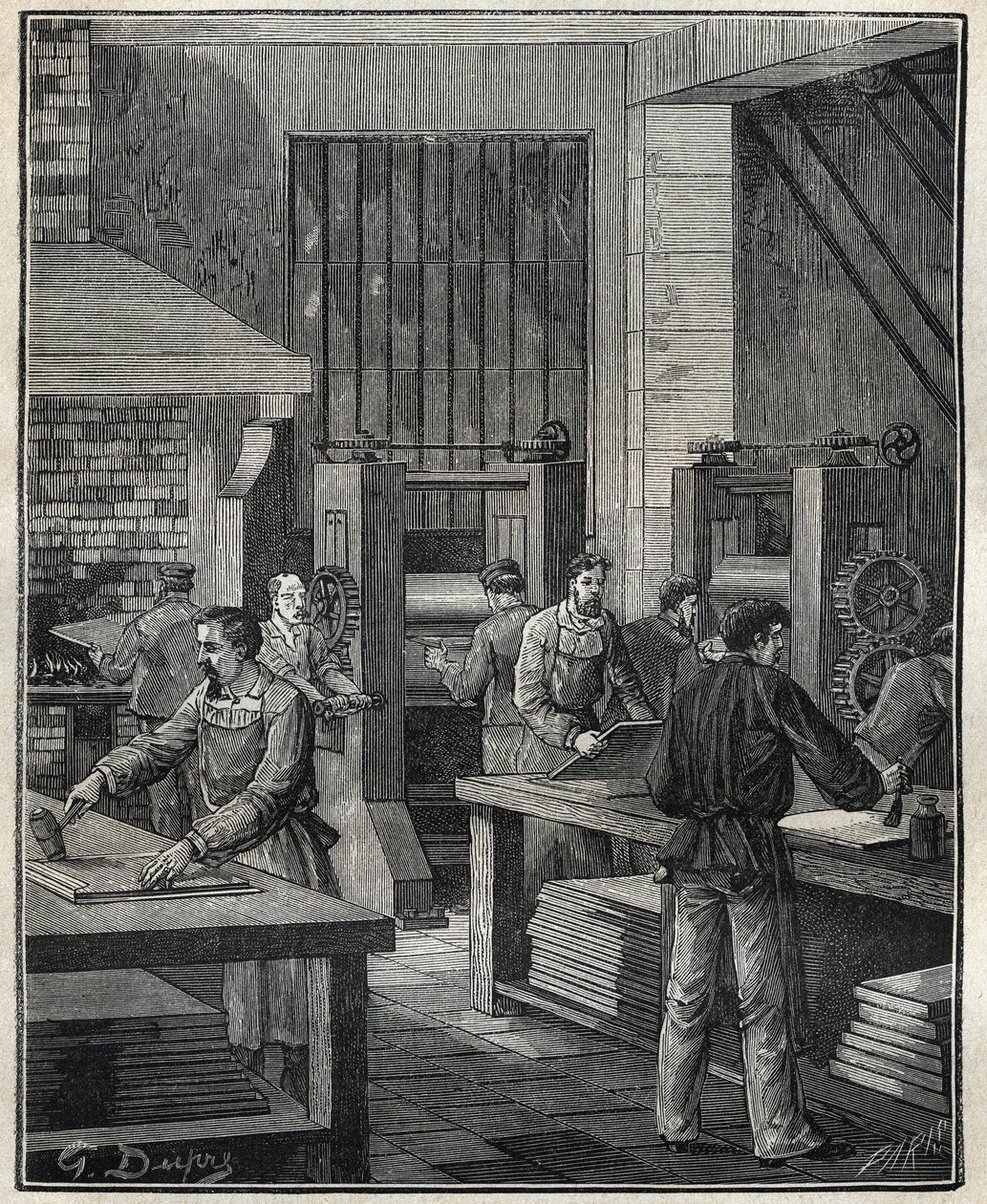 Guldsmed: klargøring af pladen, klargøring af metallet til udførelse af et specielt sølvtøj. Indgravering fra 1885 i "" Les arts et metiers illustres"" af Adolphe BITARD. af Unknown artist
