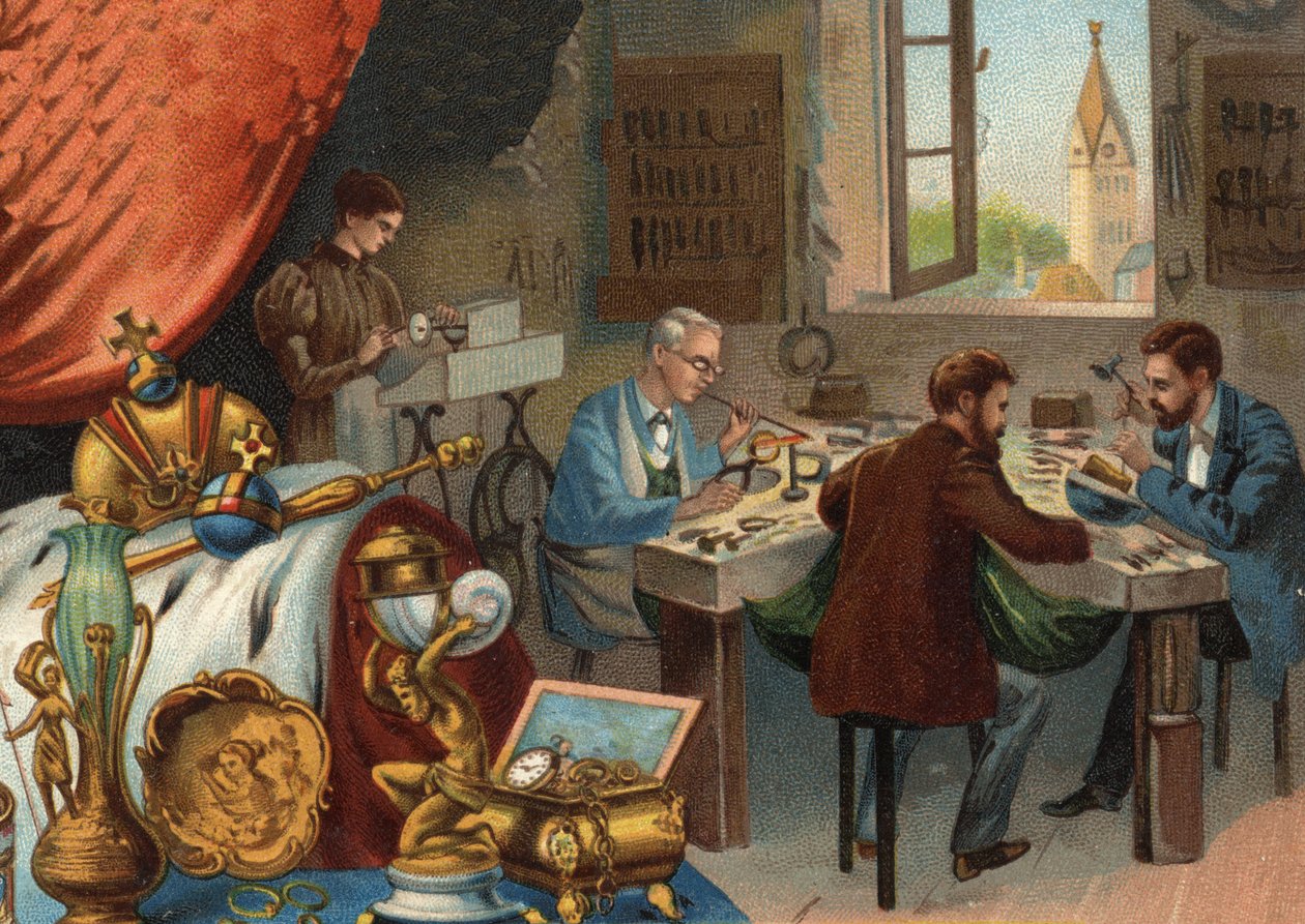 Guldsmedeværksted, guldsmed: svejsning og mejsning af guld. af Unknown artist