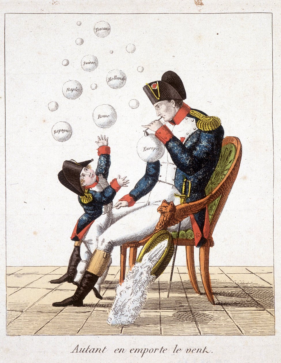 Borte med vinden: Napoleon laver sæbebobler fra Toscana, Schweiz, Holland, Napoli, Rom, Spanien og Europa - i "" Napoleon 1st, karikaturer, dummy-samling"", ca. 1814 af Unknown artist