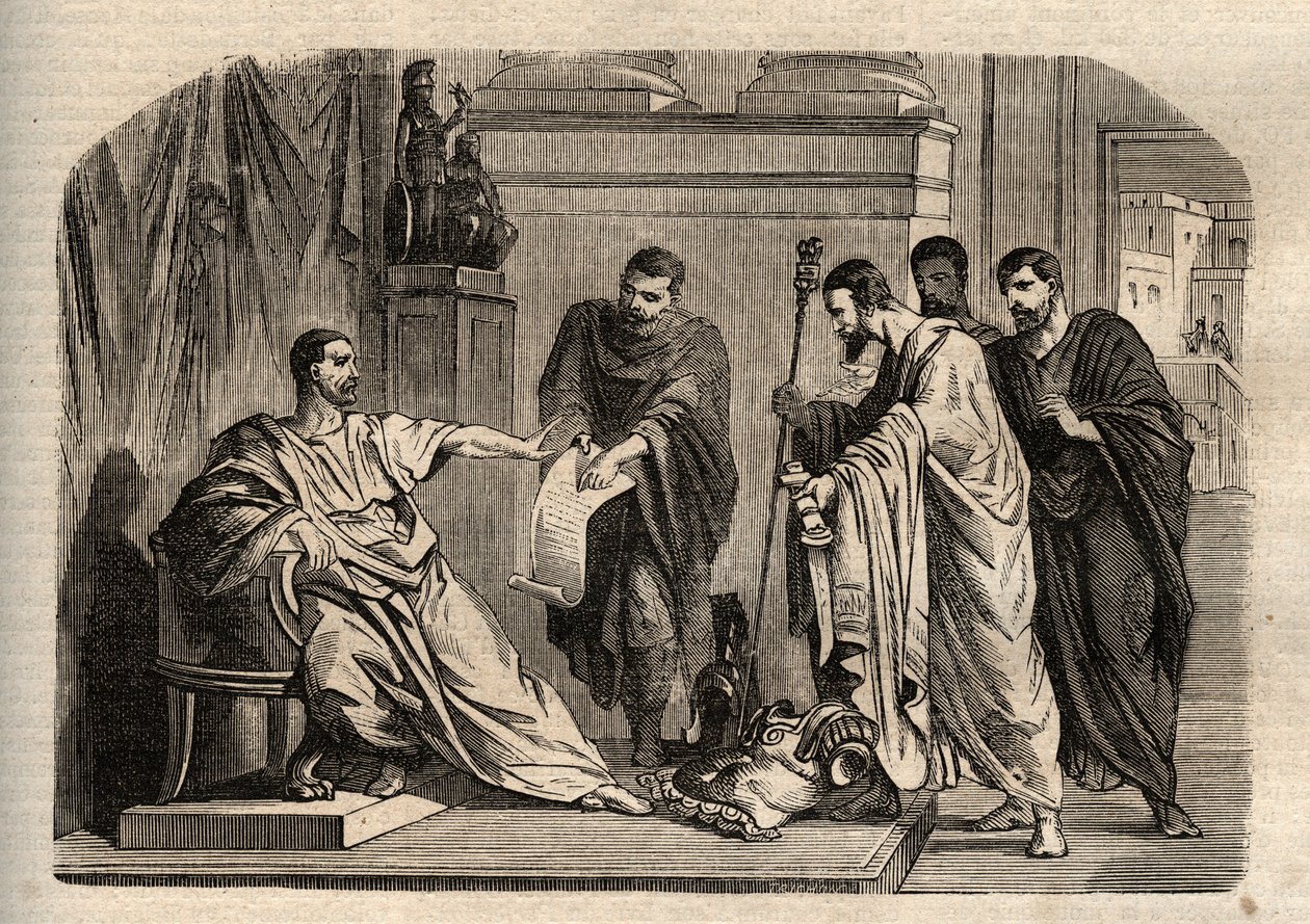 Gordian I (158-238) nægtede kejserlig værdighed - Gordian I (Marcus Antonius Gordianus Sempronianus Romanus Africanus) nægtede den kejserlige værdighed - indgravering i "" Dictionnaire populaire illustrious" - 1864 - af Joseph Decembre og Edmond Allonier - af Unknown artist