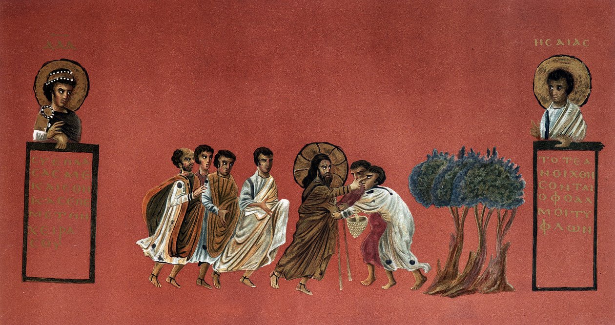 Matthæusevangeliet - Jesu mirakel i krig mod de to blinde i Jeriko, indgravering af det 19. århundrede efter et græsk manuskript. af Unknown artist