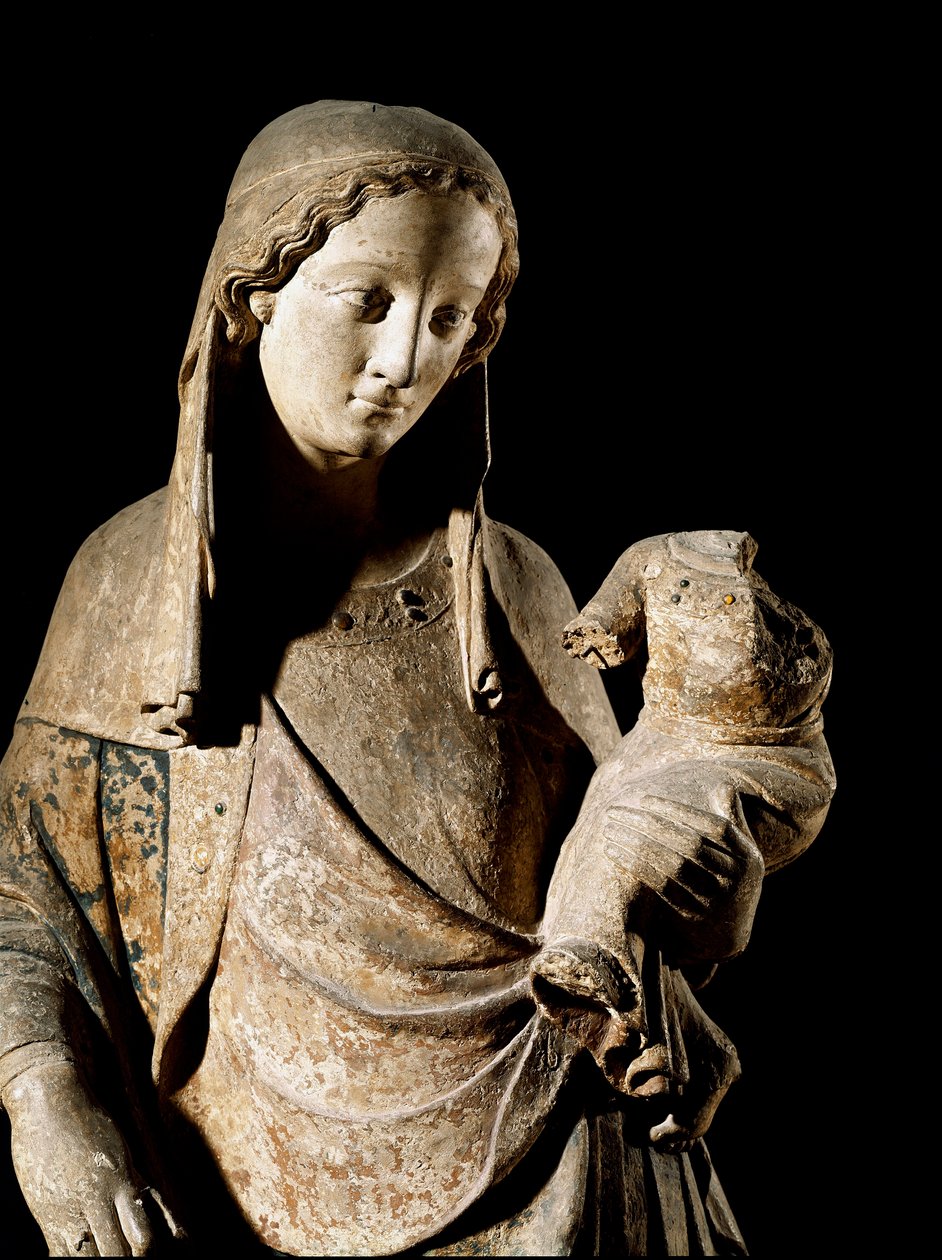 Gotisk kunst: "" Jomfru og barn"" Detalje. Træskulptur. Paris fra det 14. århundrede, Louvre-museet af Unknown artist