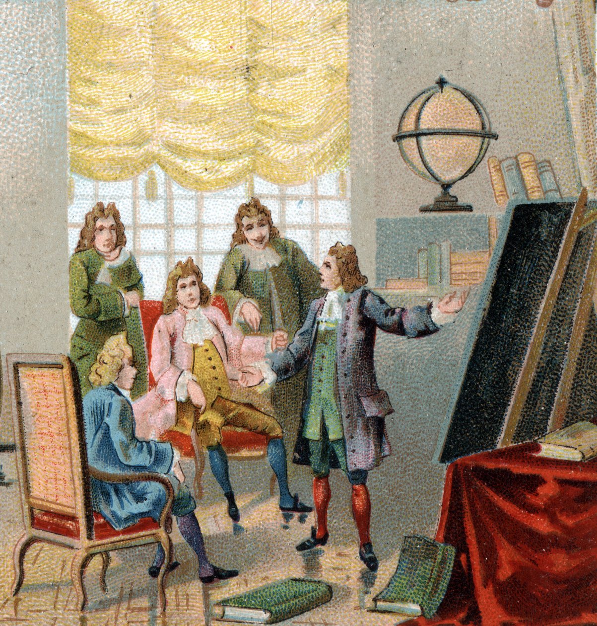 Gottfried Wilhelm Leibniz (1646-1716), tysk filosof og matematiker; demonstrerer sine teorier om differentialberegning. Kromolitografi, slutningen af 1800-tallet. af Unknown artist