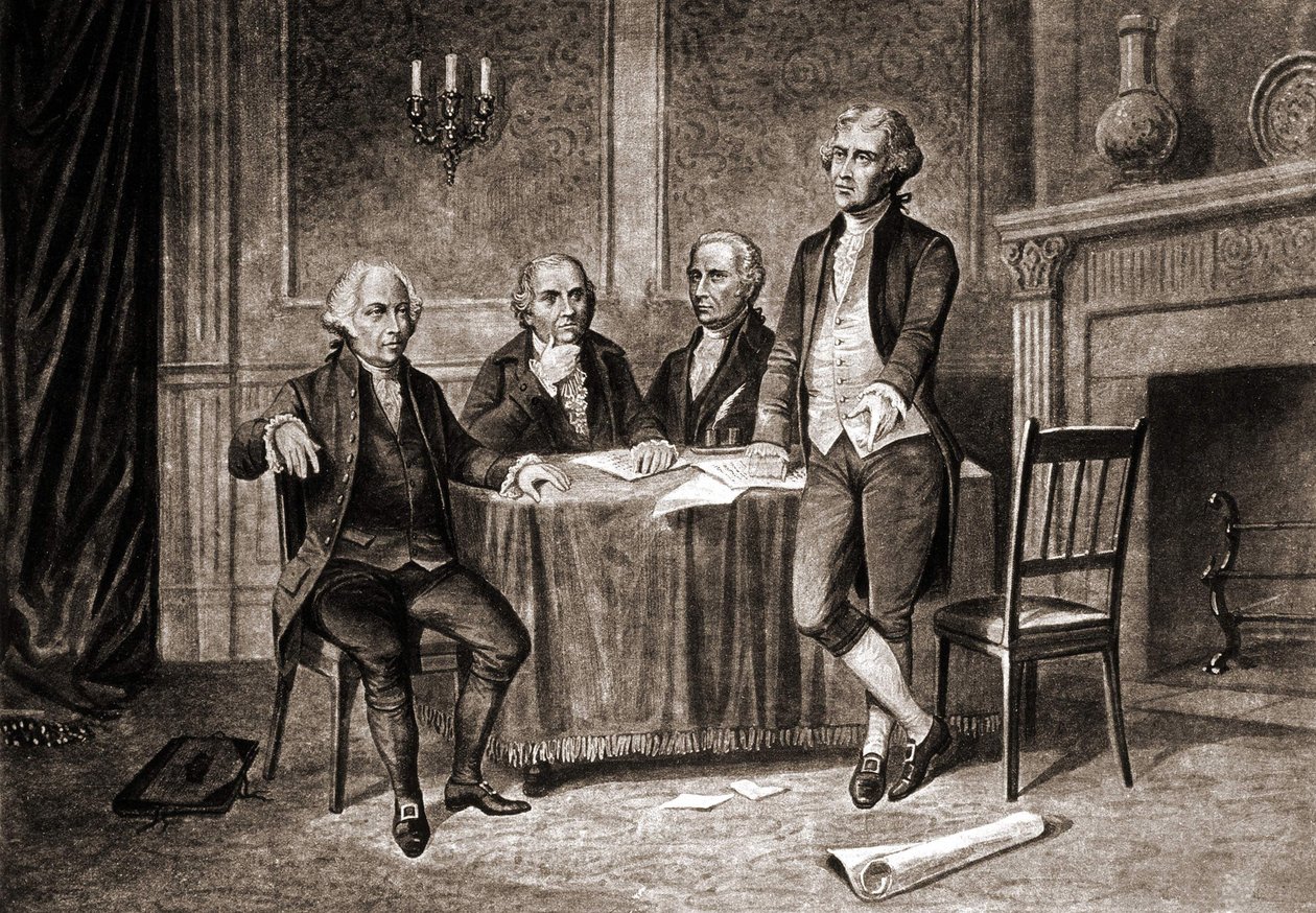 Guvernør Morris (1752-1816), med Adams, Hamilton og Jefferson. af Unknown artist
