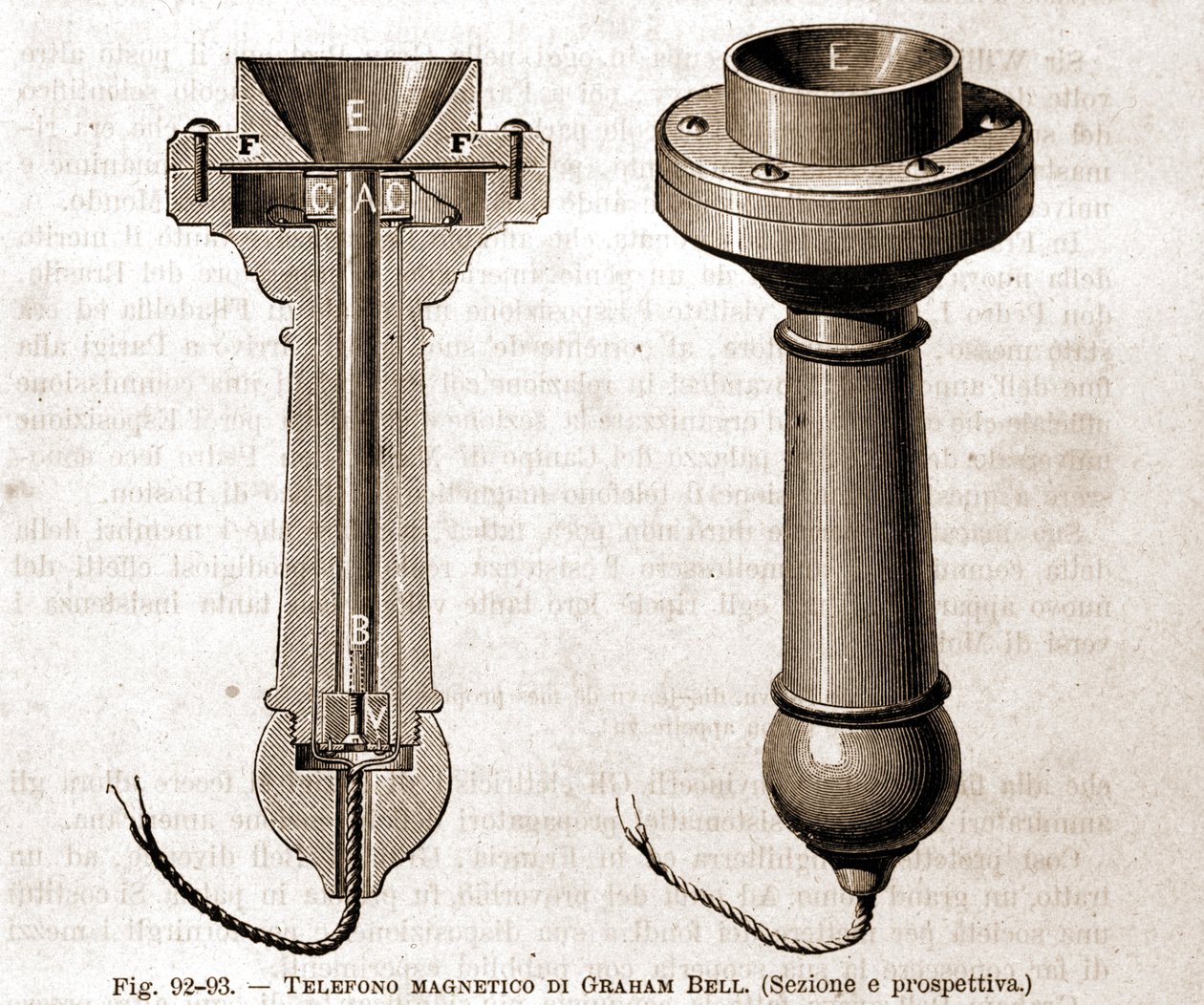 Graham Bells magnetiske telefonskæring. 1800-tals gravering. af Unknown artist