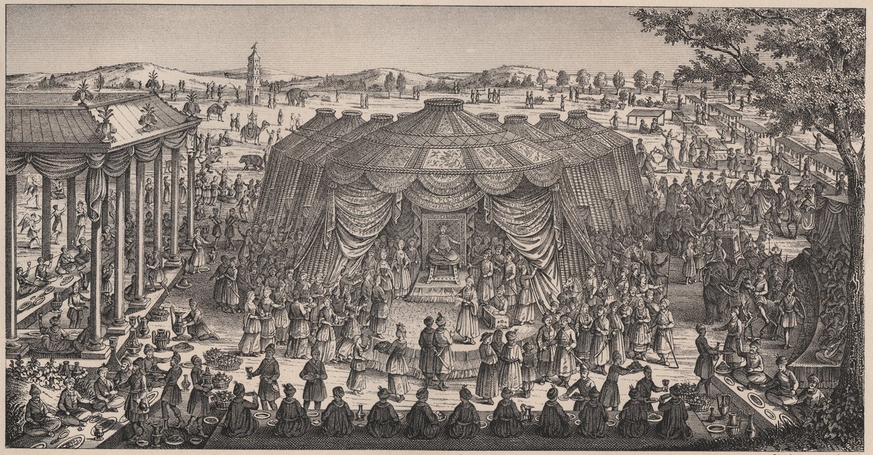 Grand Banket givet af Tamerlan (1336-1405) (eller Timur Lang, "Timur den lamme") på Khani Gheul-sletten for at fejre hans børnebørns bryllup - Gravering 1800-tallet af Unknown artist