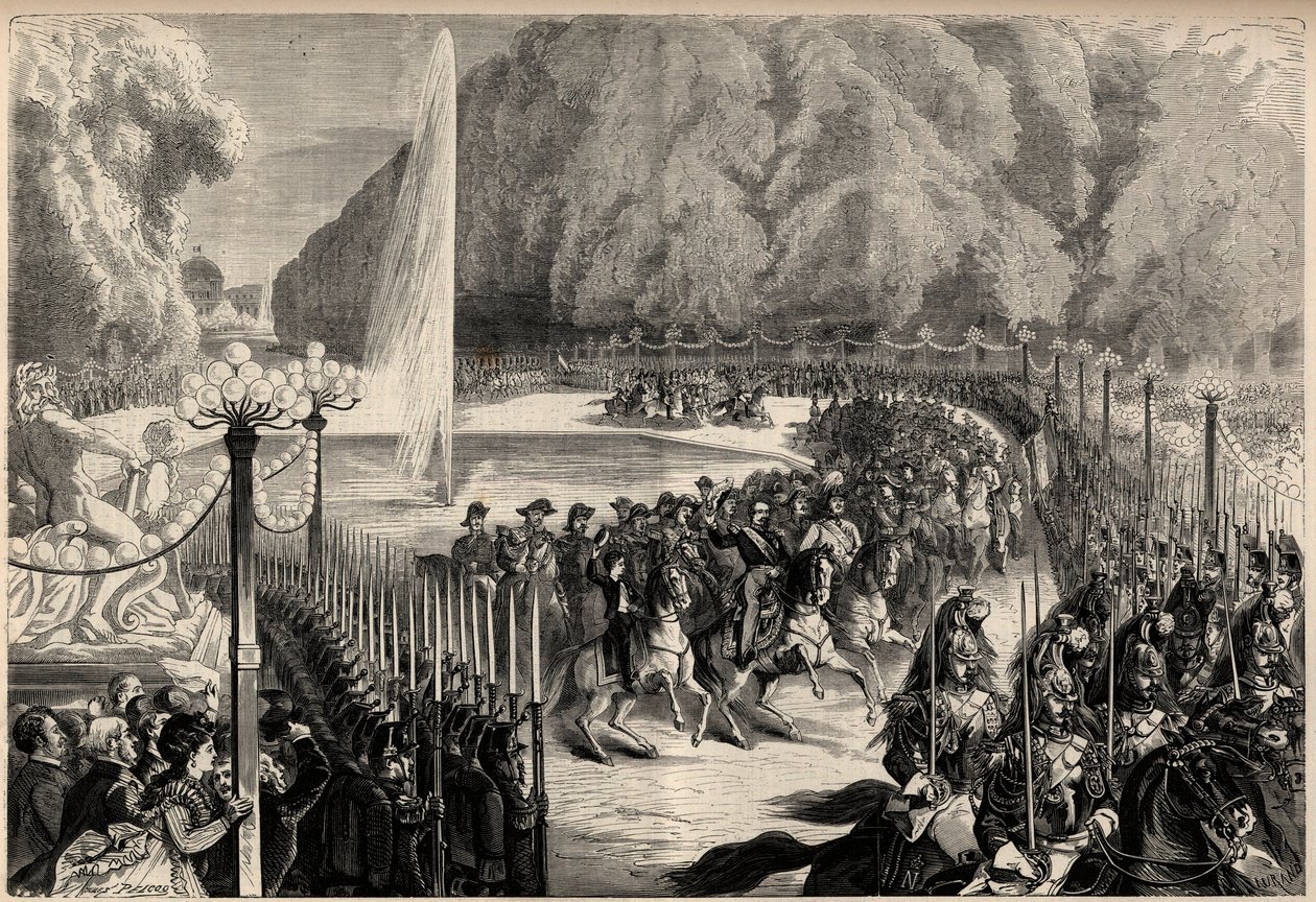 Stort magasin af 14. august: Kejser Napoleon III (1808-1873), efterfulgt af hans stab krydser Tuileriehaven i Paris. Hans søn, den kejserlige prins Eugene Louis Joseph (1856-1879), er på hans højre side. Indgravering i "The Universe illustrious" af Unknown artist