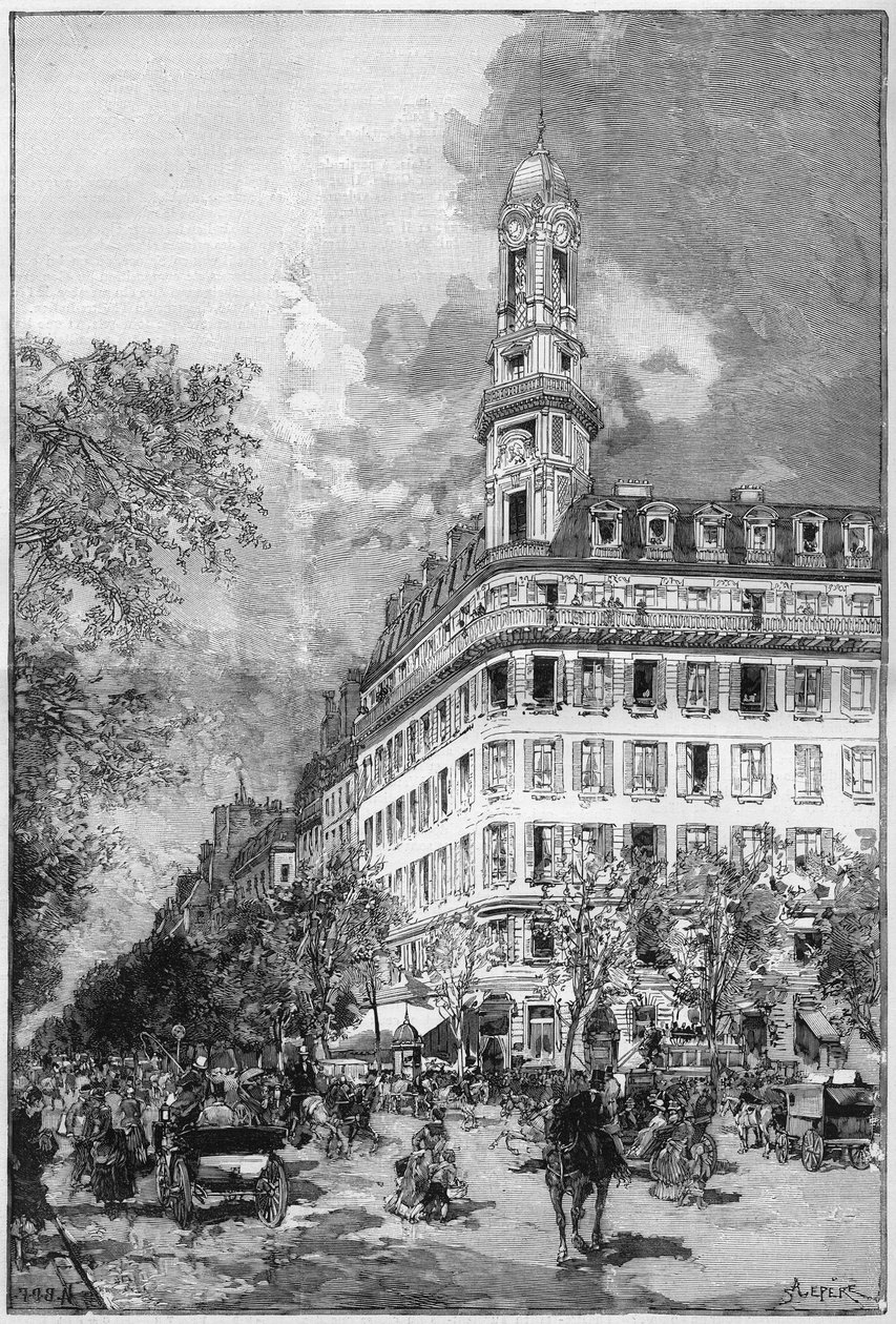 Store boulevarder og Haussmannske bygninger i Paris: Hotel de la Compagnie ""La New York"" boulevard des Italiens. Indgravering i ""The Illustrious World"" af Unknown artist