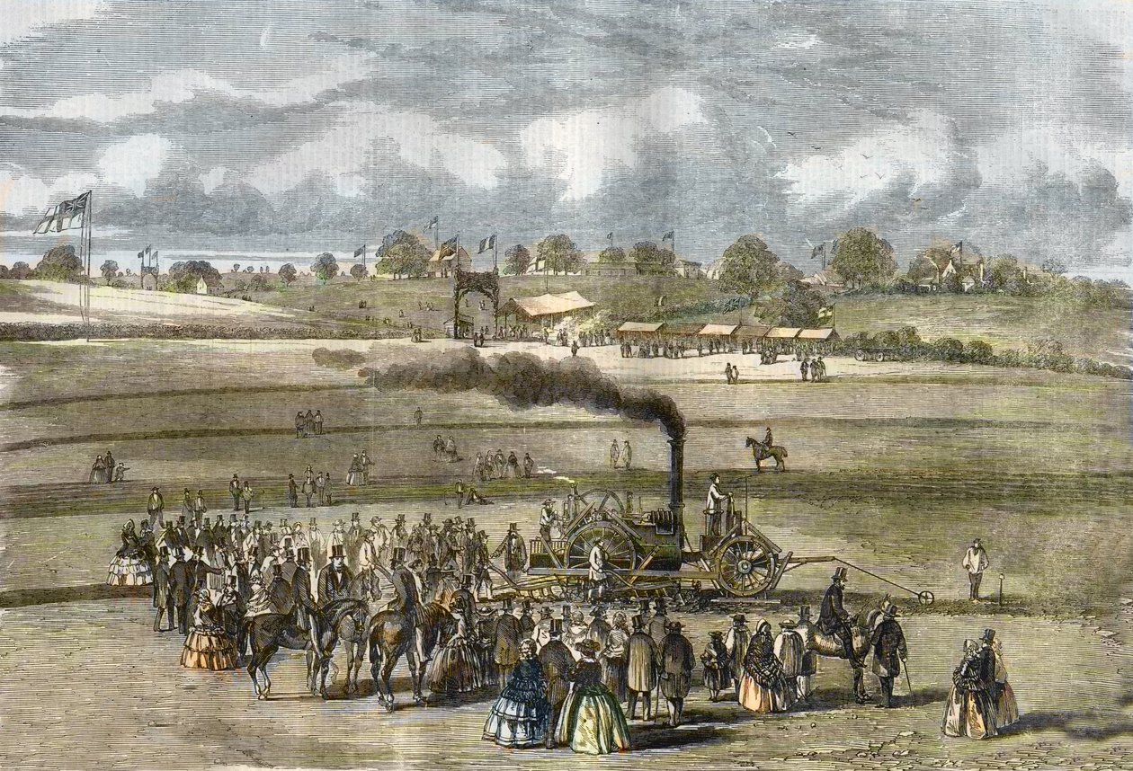 Storbritannien: Landbrug, pløjescene. Boydell dampplov nær Louth i 1854. (damppløjning med Boydells motor nær Louth). af Unknown artist
