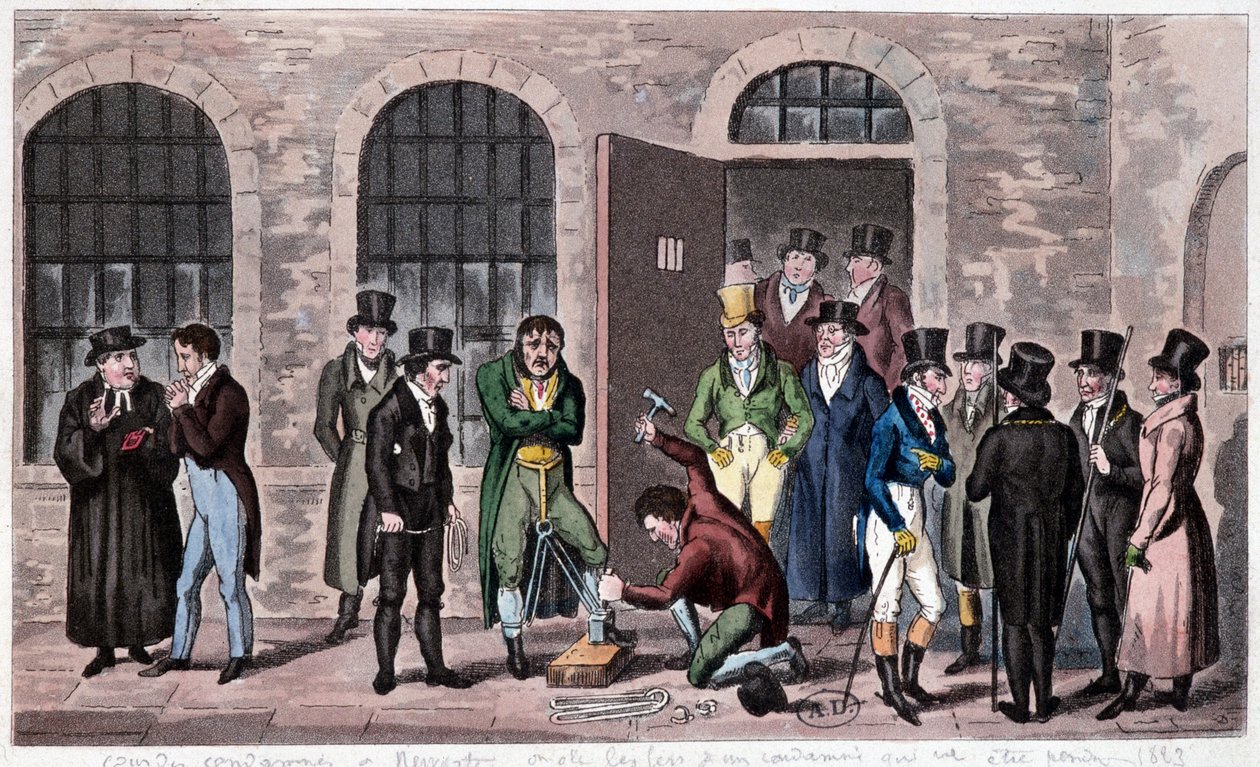 Storbritanniens fængsel: En dødsdom er knyttet til Newgate-fængslet i London (ofte omtalt i Charles Dickens romaner). Stik omkring 1823. Bilbioteket for dekorativ kunst. af Unknown artist
