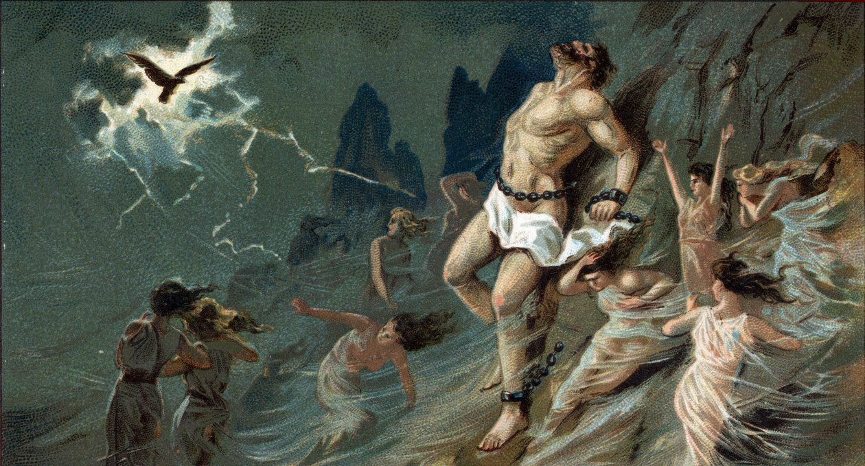 Store græske tragedier: "" Promethee enchaine""" af Aeschylus. I Scythia-ørkenen bliver Promethee lænket til en klippe efter ordre fra Jupiter for at skabe mænd og bringe dem himmelsk ild. Der gnavede en ørn sin lever, konstant genfødt. Promethee ende af Unknown artist
