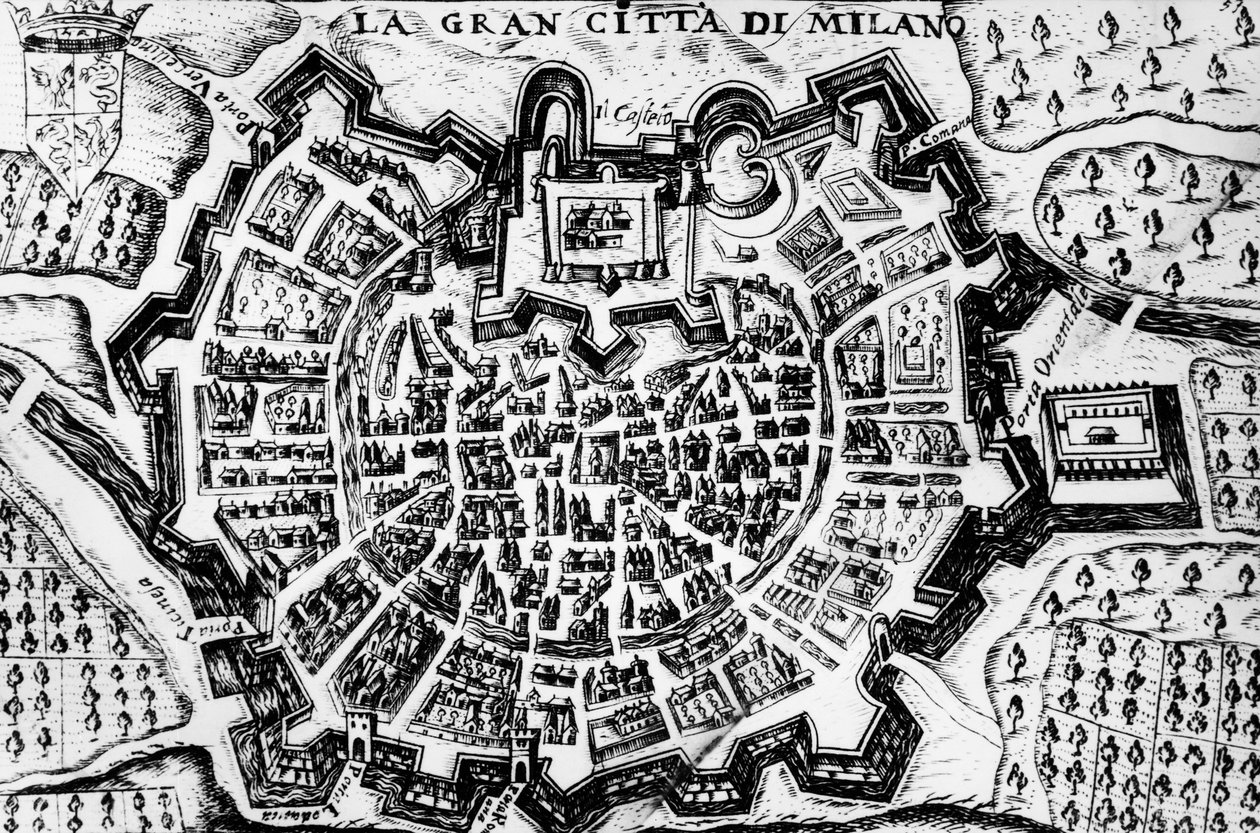 Store by Milano, gravering af kort over Milano, Italien af Unknown artist
