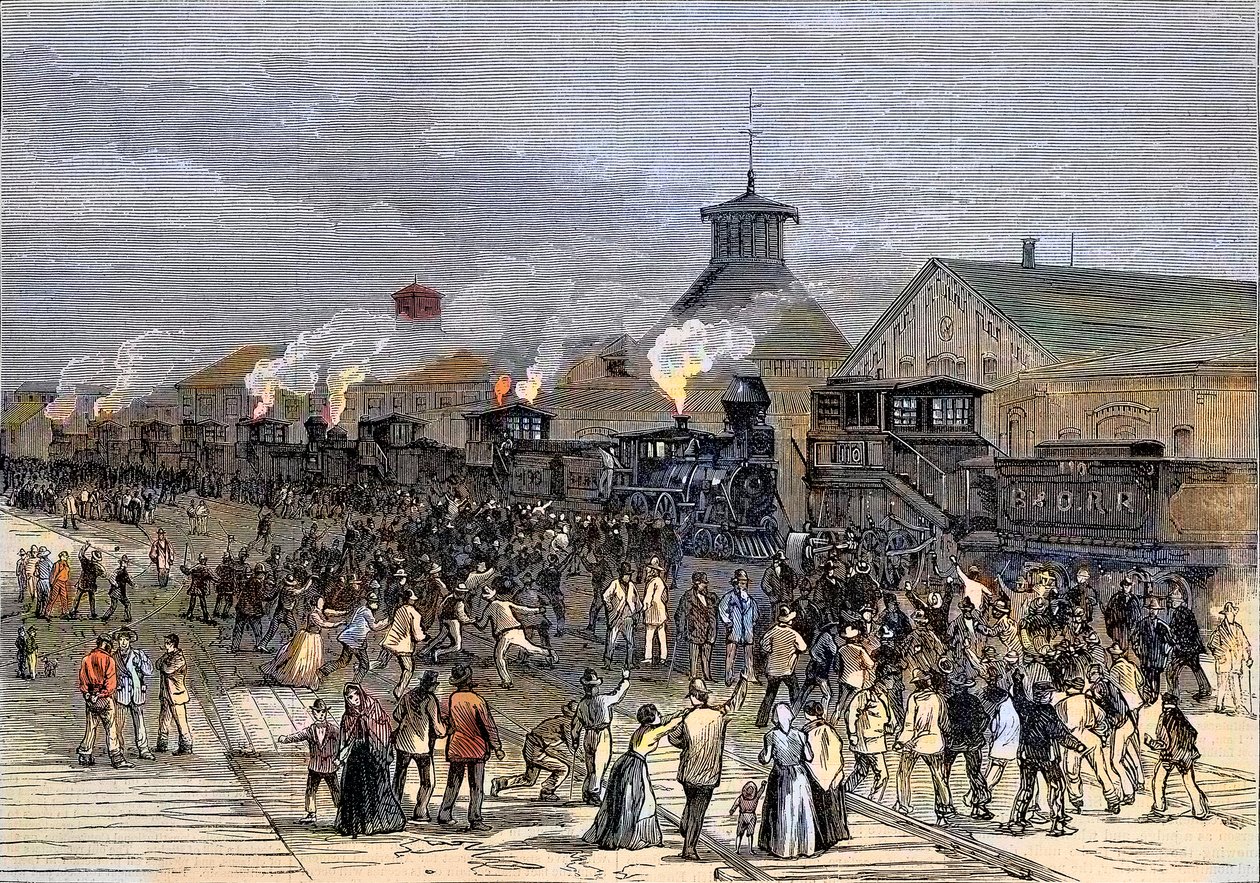 Stor jernbanestrejke i 1877, blokade af motorer i Martinsburg, West Virginia af Unknown artist