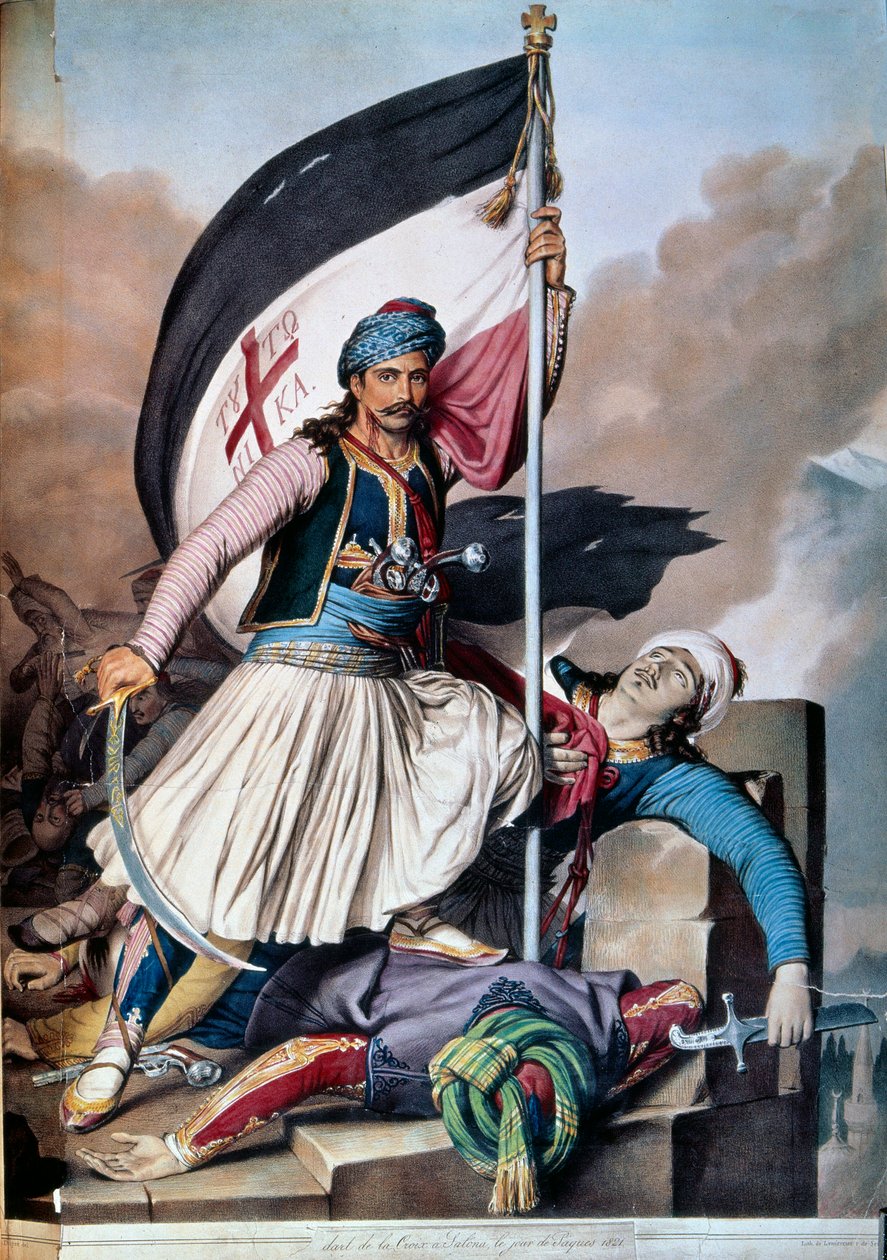 Græsk uafhængighedskrig mod det osmanniske imperium: banneret rejser sig til Salona af Nickolaki Mitropolos efter opstanden den 25/03/1821. Litografi af 1821. Paris, Dekorativ Kunst af Unknown artist
