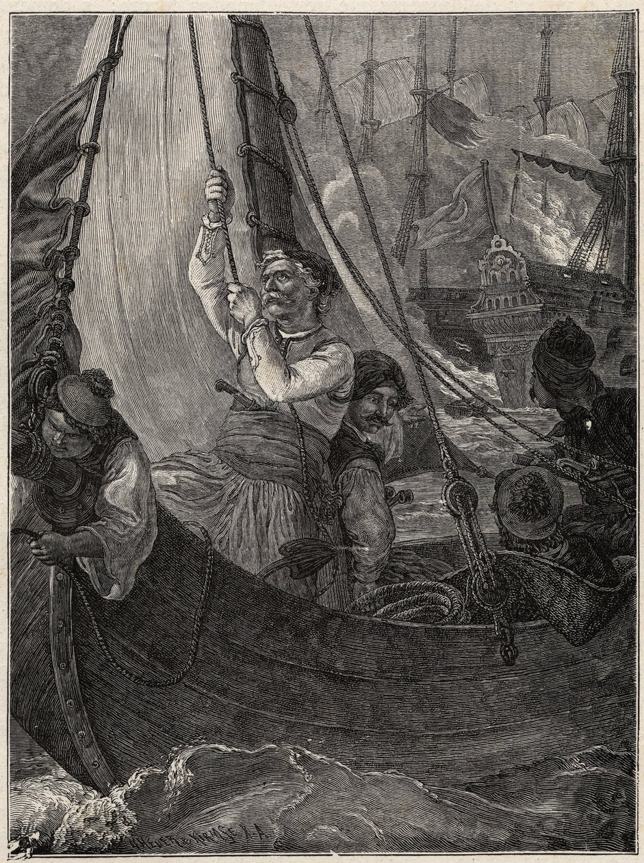 Græsk uafhængighedskrig 1821 - 1829: Konstantin (Konstantin) Kanaris (Konstantinos Canaris) brænder flagskibet for den tyrkiske flåde før Chios af Unknown artist