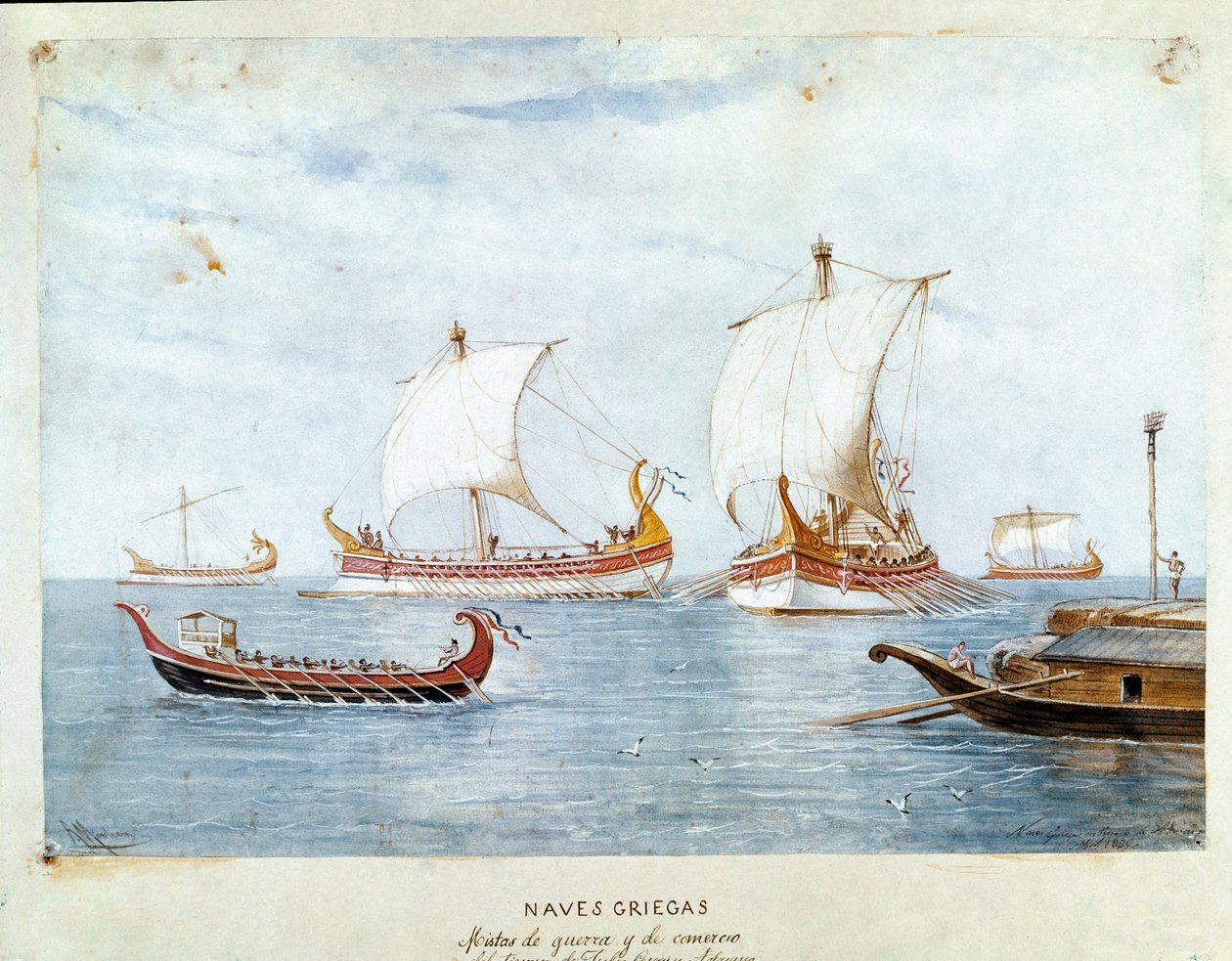 Græske krigsskibe og handel (Akvarel af Unknown artist