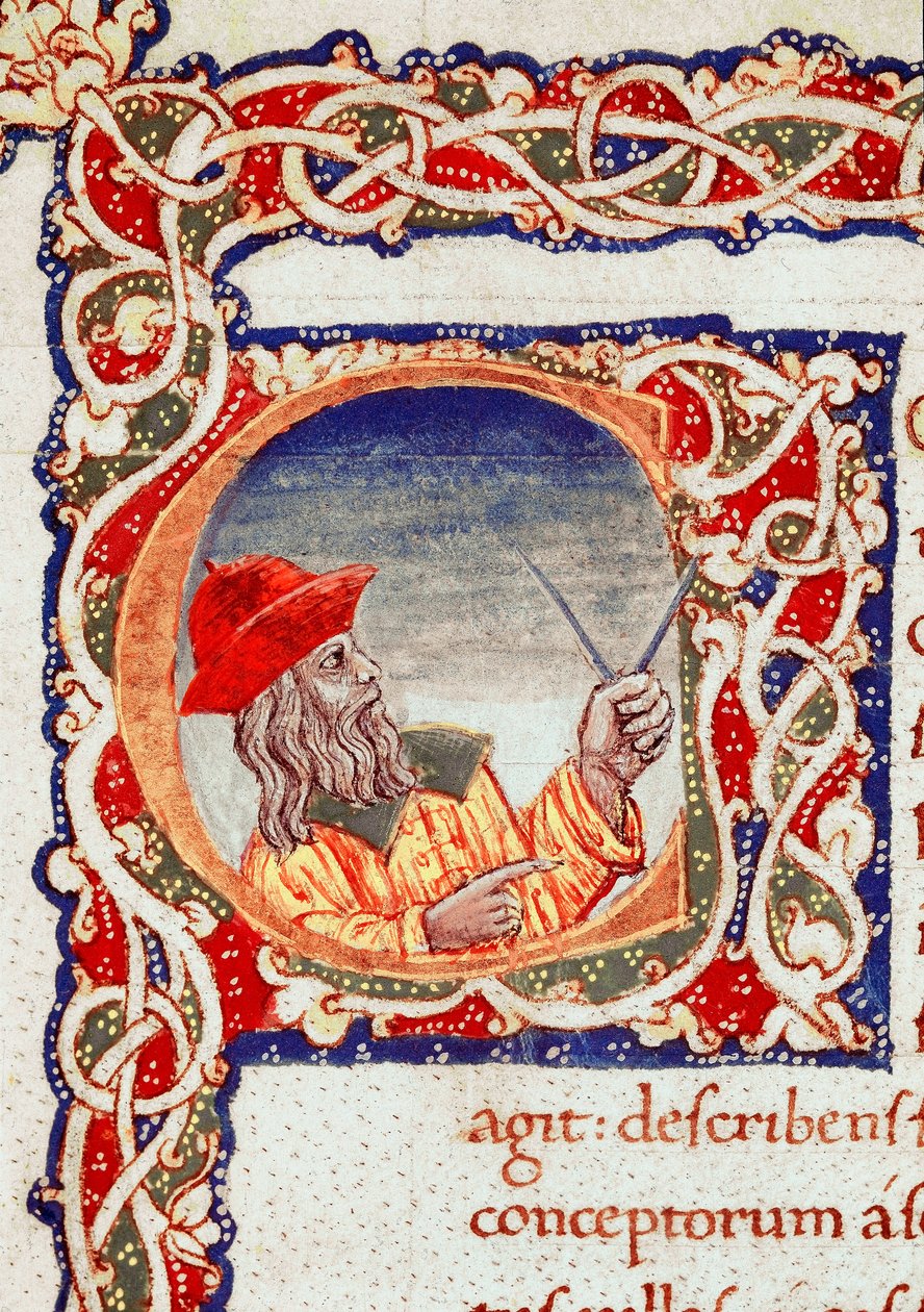 Græsk astronom Claude Ptolemæus (Claudius Ptolemaeus) (omkring 90-omkring 168 e.Kr.) ved hjælp af en comppas til at lave beregninger Miniature taget fra "" Cosmographia"" (Ms. V.F. 32 f.2r) Napoli, Nationalbiblioteket af Unknown artist