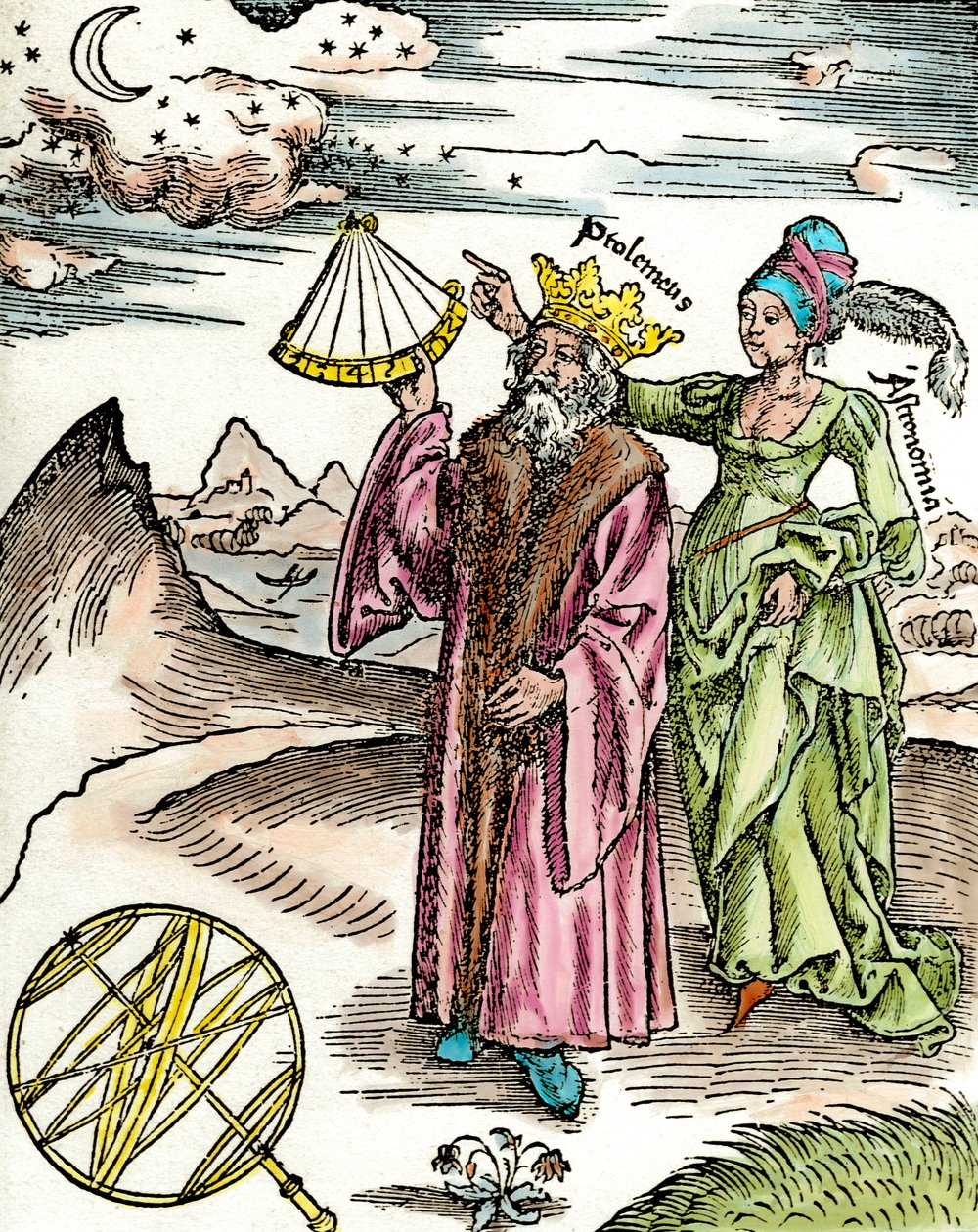 Den græske astronom Claude Ptolemæus (Claudius Ptolemaeus) (omkring 90-omkring 168 e.Kr.) ved hjælp af en sekstant og astronomi. Stik fra 1503. Privat Samling af Unknown artist