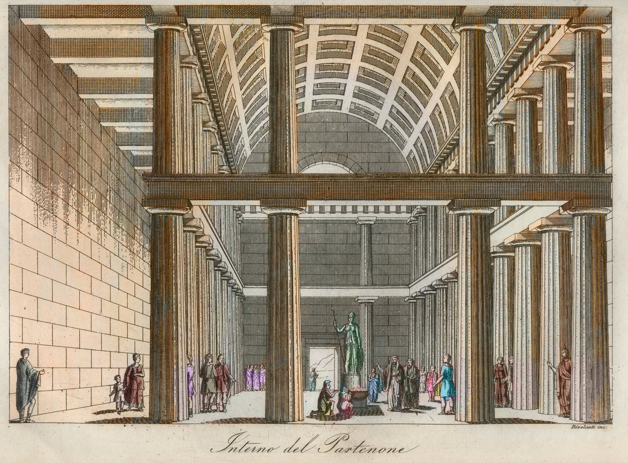 Græsk civilisation - Ideel rekonstruktion af Parthenon i Athen - indgravering fra "" Skikke og skikke for alle folk i universet. Det er historien om regeringen, lovene, militsen, om religionen i alle nationer fra de fjerneste tider op til af Unknown artist