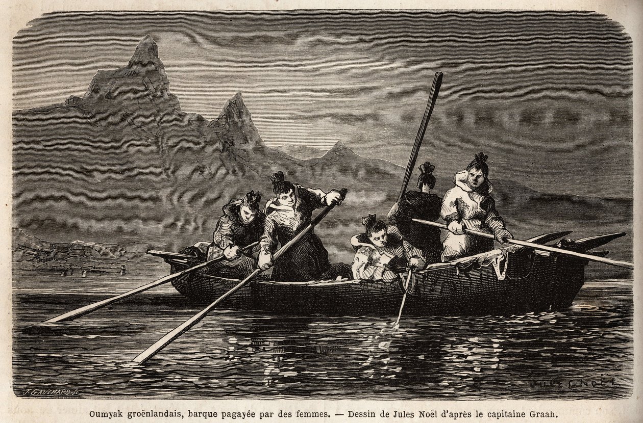 Grønland Umyak, type båd drevet af kvinder. Gravering til illustration af rejsen til det frie hav af den arktiske pol, af Doctor Hayes, kirurg fra den amerikanske flåde, i 1860-1862, offentliggjort i "Le tour du monde, nouveau journal des voyages", rediger af Unknown artist