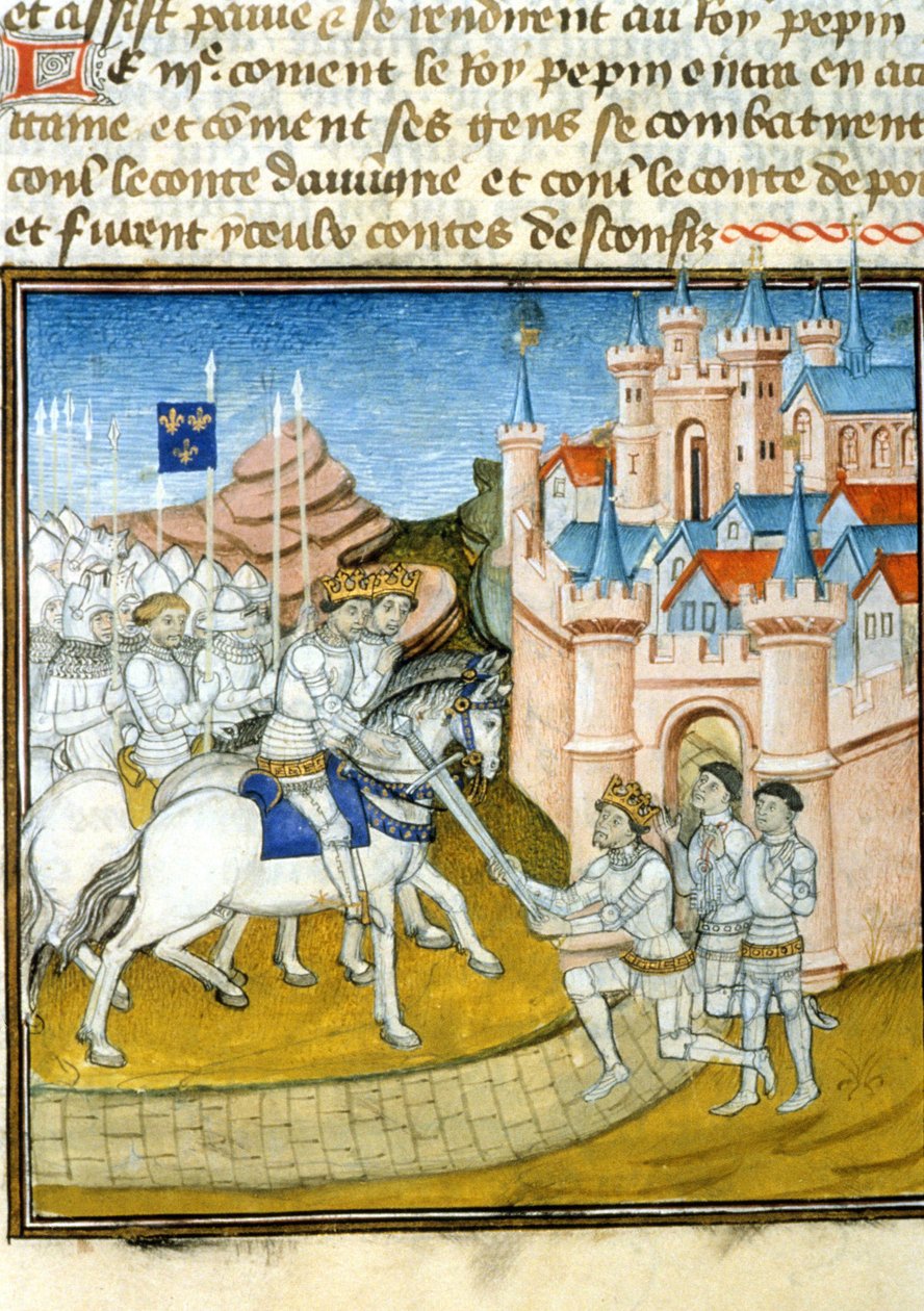 Griffon (Grippon) (ca. 726-753) gik til sine brødre Pepin III kendt som Pepin le Brief (714-768) og Carloman (ca. 715-754) efter belejringen af Laon i 741. Miniature i "" Grandes Chroniques de Saint-Denis"" af Unknown artist