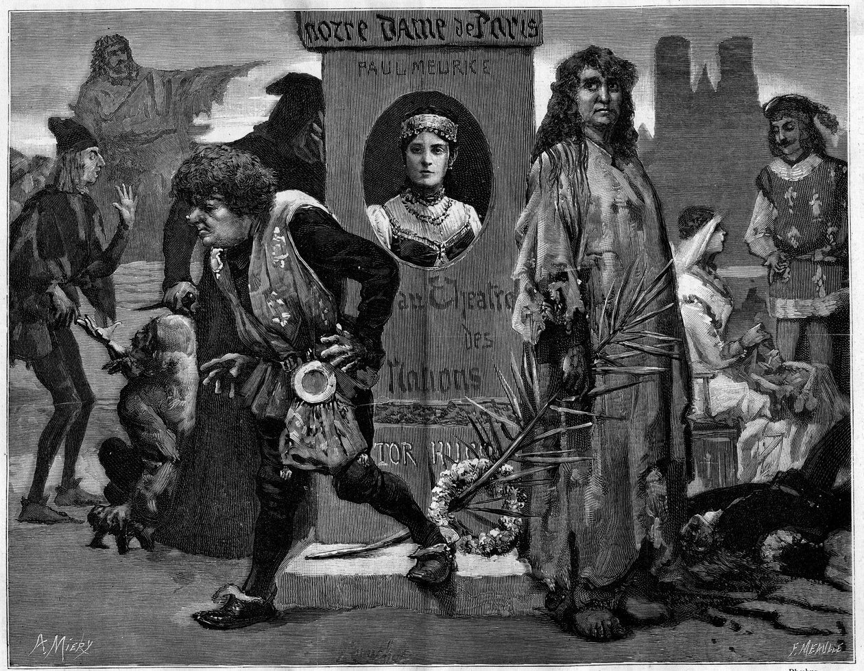 Gringoire, Quasimodo, La Esmeralda, La Sachette og Phoebus. Hovedpersoner i teaterstykket "" Notre Dame de Paris", drama af Paul Meurice (1912-1979) af Victor Hugo (1802-1885) repræsenteret på Theatre des Nations. Indgravering i "" Le Monde illust af Unknown artist