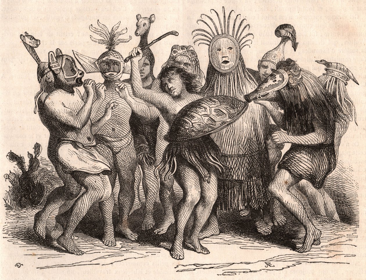 Gruppe af brasilianske vilde danser med kostumer, masker og traditionelle hovedbeklædninger af Unknown