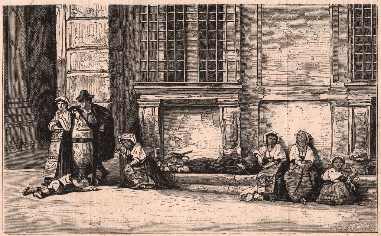 Gruppe af napolitanske bønder, der sidder foran paladset Farnese i Rom, Italien af Unknown