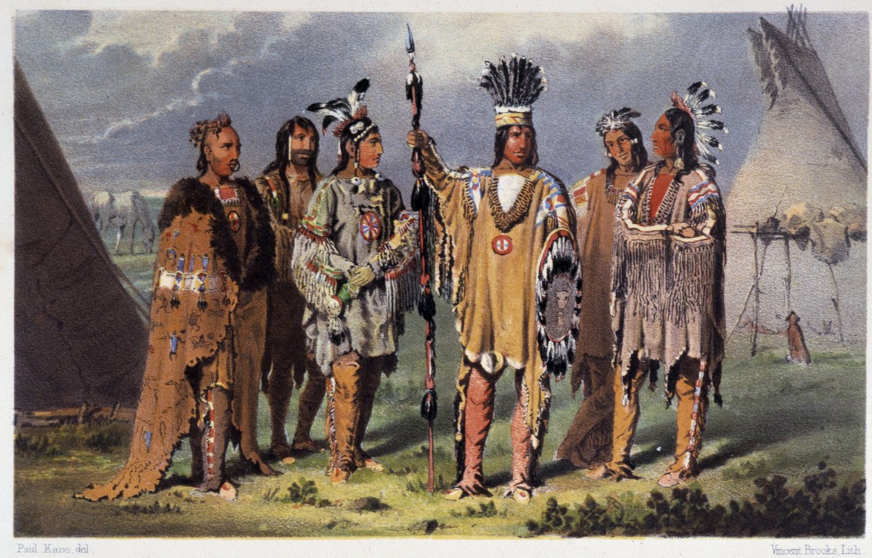 Gruppe af seks indiske høvdinge - i "" Vandring af en kunstner blandt indianerne i nordamerika"" af Paul Kane, Longmans & Roberts, London af Unknown artist