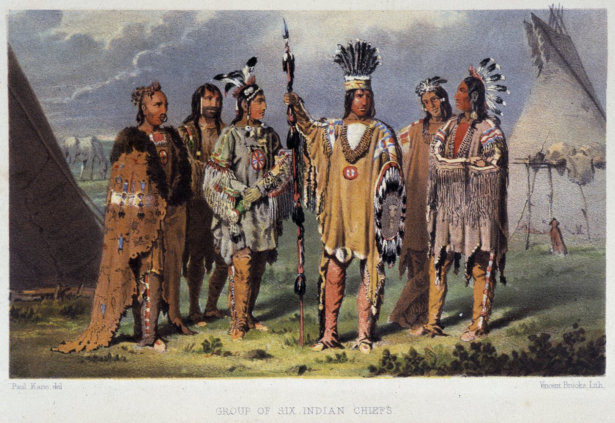 Gruppe af seks indiske høvdinge - i "" Vandring af en kunstner blandt indianerne i nordamerika"" af Paul Kane, Longmans & Roberts, London af Unknown artist