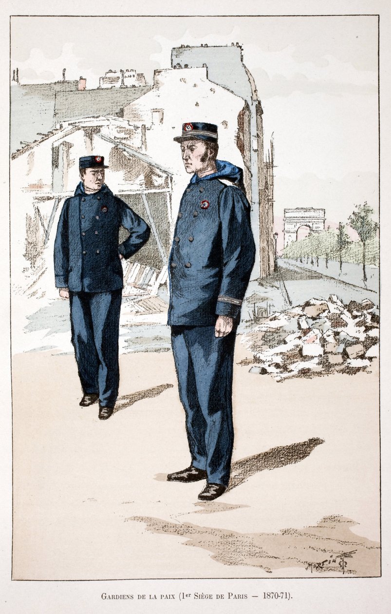 Fredens vogtere (første sæde i Paris 1870-1871). Radering i farver, til illustration "" History of the Corps of Peacekeepers""" bog udgivet i regi af Louis Lepine (1846-1933) præfekt for politiet på Seinen, af Alfred Rey (1864-? af Unknown artist