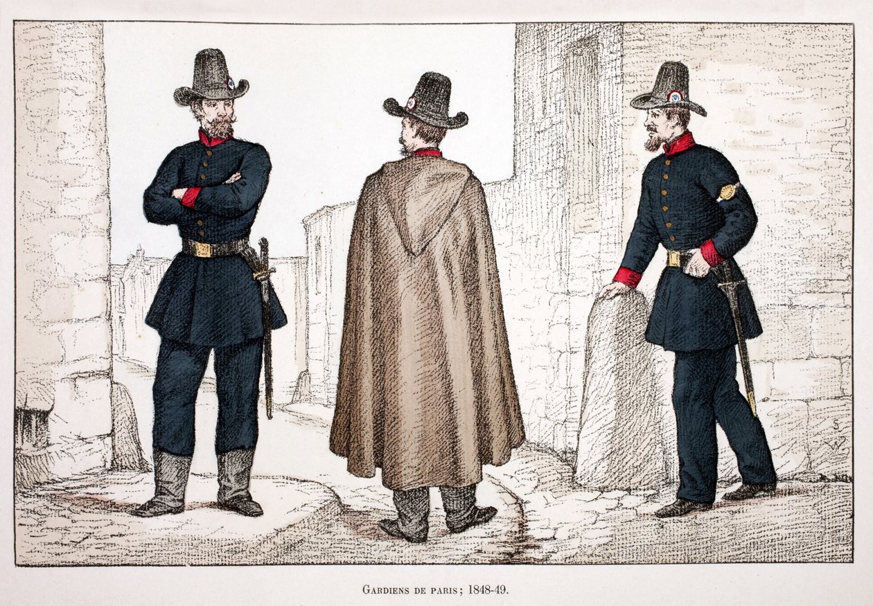 Fredens vogtere (1848-1849). Radering i farver, til illustration "" Historien om korpset af fredsbevarende styrker""" bog udgivet i regi af Louis Lepine (1846-1933), præfekt for politiet på Seinen, af Alfred Rey (1864-?) og Louis Feron af Unknown artist