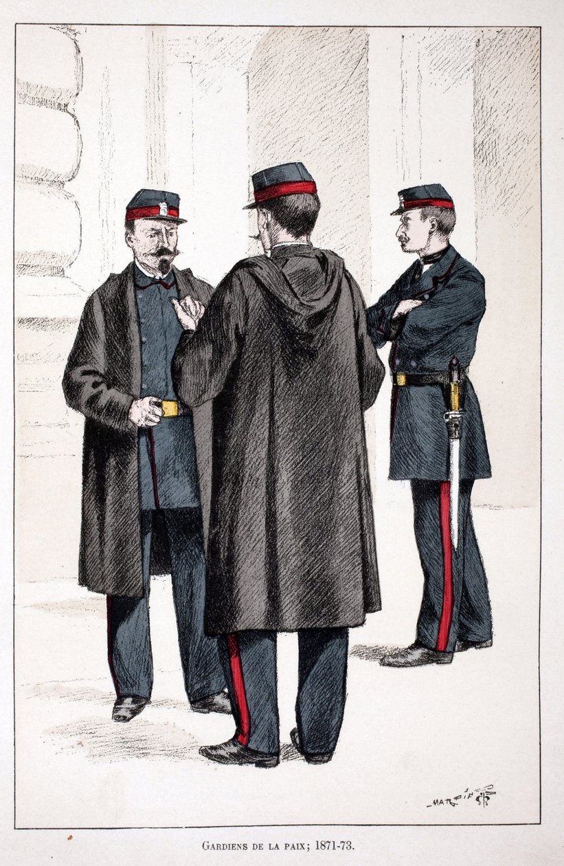 Fredens vogtere (1871-1873). Radering i farver, til illustration "" Histoire du corps des gardes de la paix""" bog udgivet i regi af Louis Lepine (1846-1933), præfekt for politiet på Seinen, af Alfred Rey (1864-?) og Louis Feron af Unknown artist