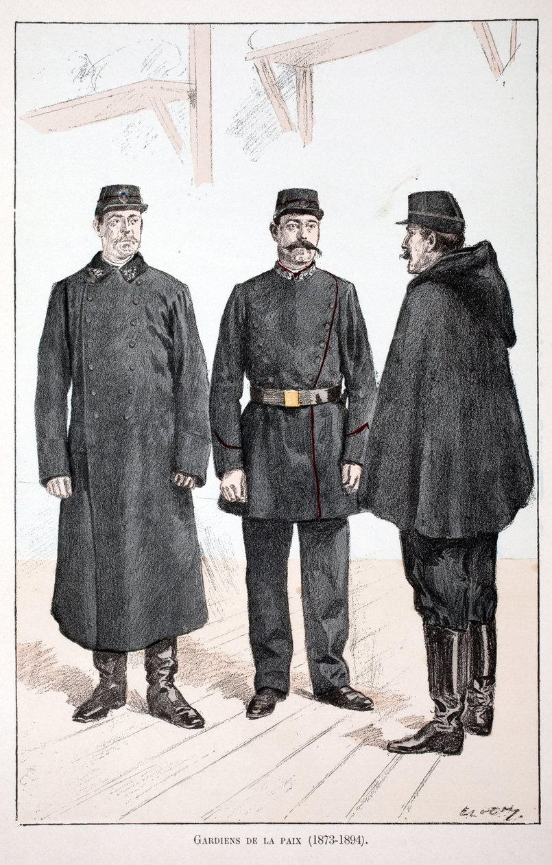 Fredens vogtere (1873-1894). Radering i farver, til illustration "" Historien om korpset af fredsbevarende styrker""" bog udgivet i regi af Louis Lepine (1846-1933), præfekt for politiet på Seinen, af Alfred Rey (1864-?) og Louis Feron af Unknown artist