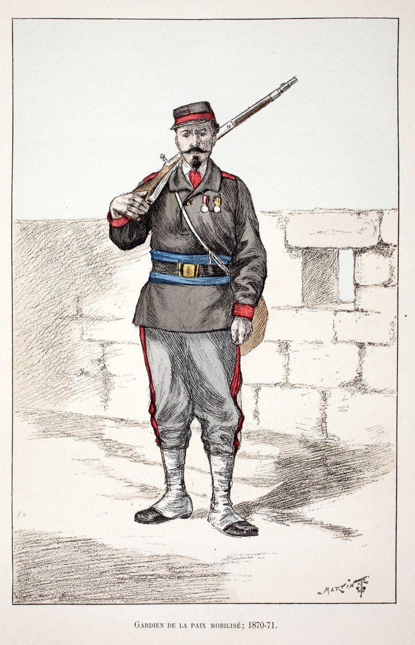 Fredens vogtere mobiliserer (1870-1871). Radering i farver, til illustration "" History of the Corps of Peacekeepers""" bog udgivet i regi af Louis Lepine (1846-1933), præfekt for politiet på Seinen, af Alfred Rey (1864-?) og Lo af Unknown artist