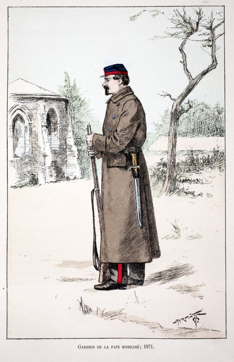 Fredens Vogtere mobiliserer (1871). Radering i farver, til illustration "" Histoire du corps des gardes de la paix""" bog udgivet i regi af Louis Lepine (1846-1933), præfekt for politiet på Seinen, af Alfred Rey (1864-?) og Louis F. af Unknown artist