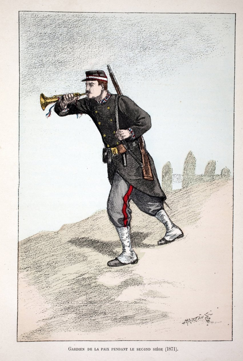 Fredens vogtere under Pariserkommunens andet sæde (1871). Radering i farver, til illustration "History of the Corps of Peacekeepers""" bog udgivet i regi af Louis Lepine (1846-1933), præfekt for politiet på Seinen, af Unknown artist
