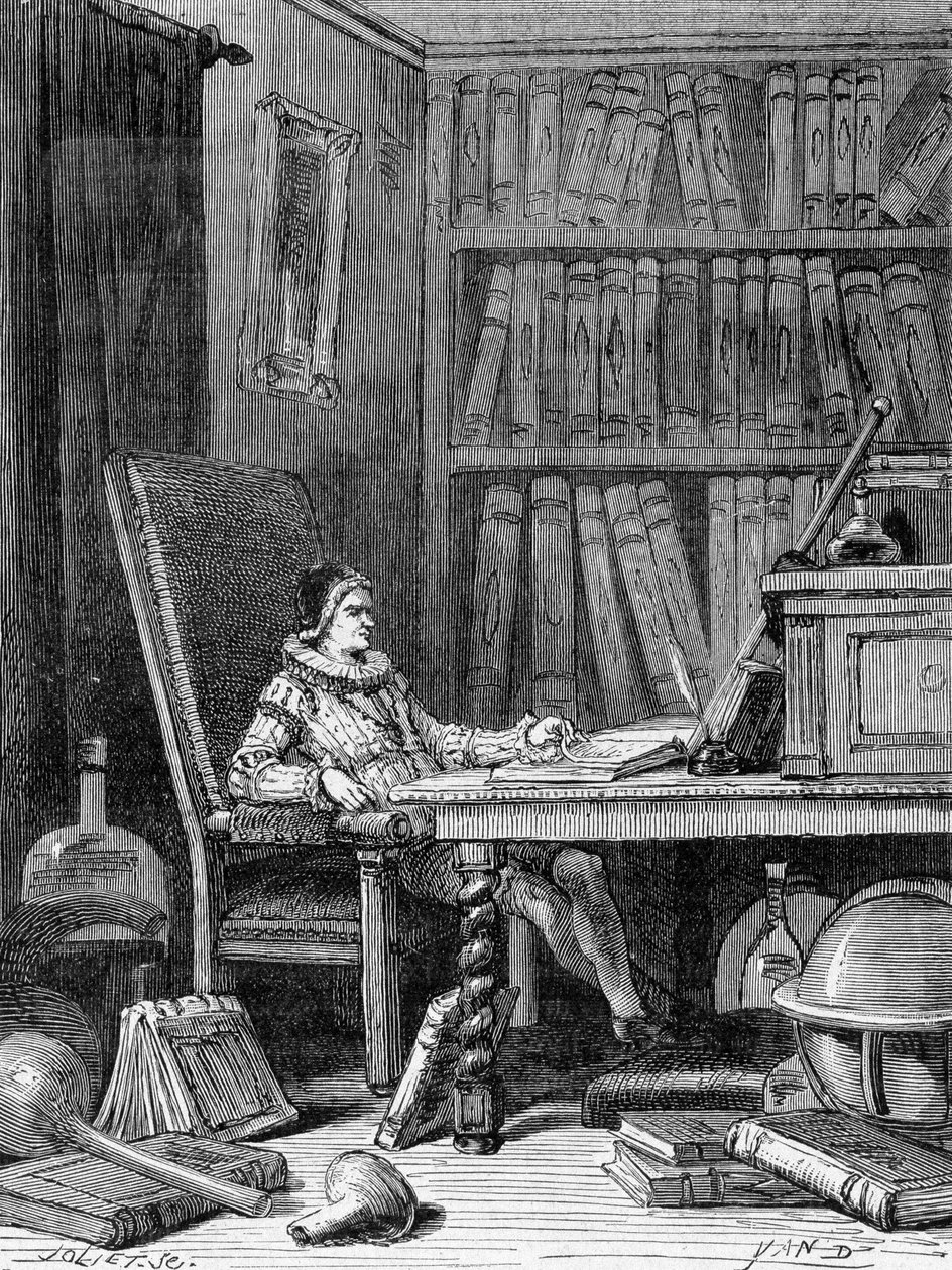 Guillaume Gilbert (1540 - 1603) skriver sin afhandling "De arte magnetica"" omkring 1600. Gravering 1800-tallet af Unknown artist