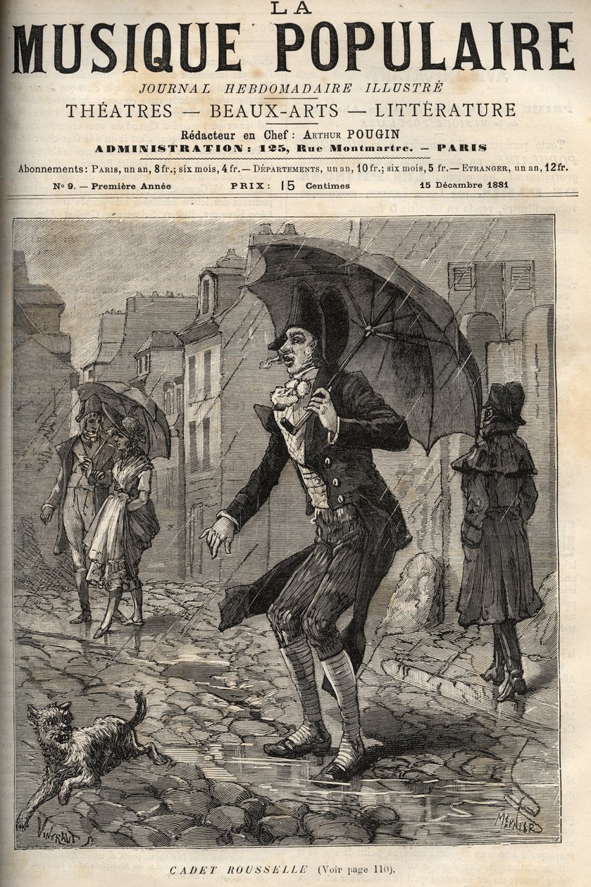 Guillaume Joseph Rousselle (Roussel), kendt som Cadet Rousselle (1743-1807), fransk foged, under regnen i en rue de Paris. indgravering i "Populær musik"" Illustreret ugeavis - 1881 af Unknown artist