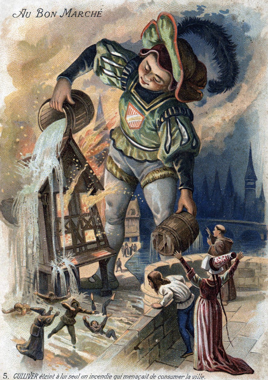 Gullivers rejser af Jonathan Swift. Gulliver alene udløste en brand, der truede med at indtage byen i Lilliput. Chromolithography 19. århundrede. (billig). af Unknown artist