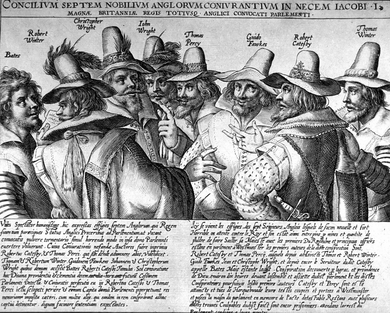 Krudt: Bates, Robert Winter, Christopher Wright, John Wright, Thomas Percy, Guido Fawkes, Thomas Winter af Unknown artist