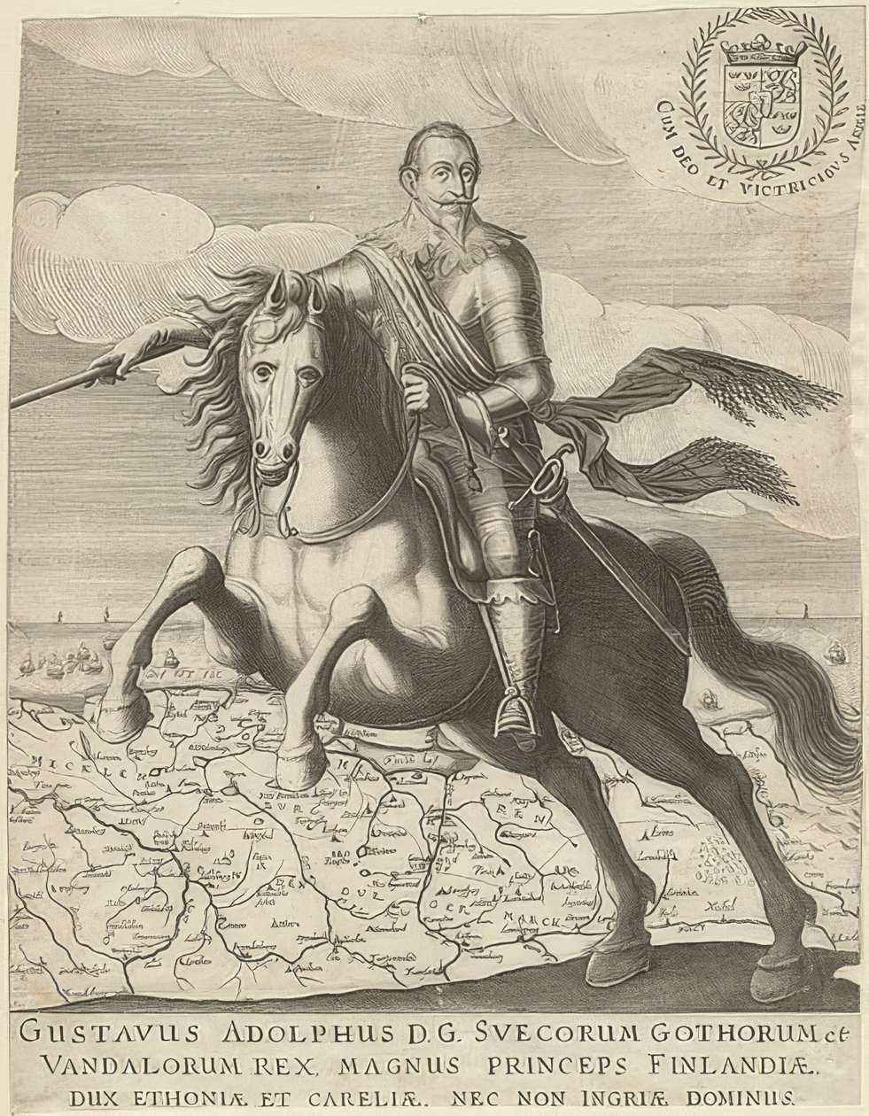 Gustav II Adolf foran et kort over Pommern i baggrunden. 1630 af Unknown