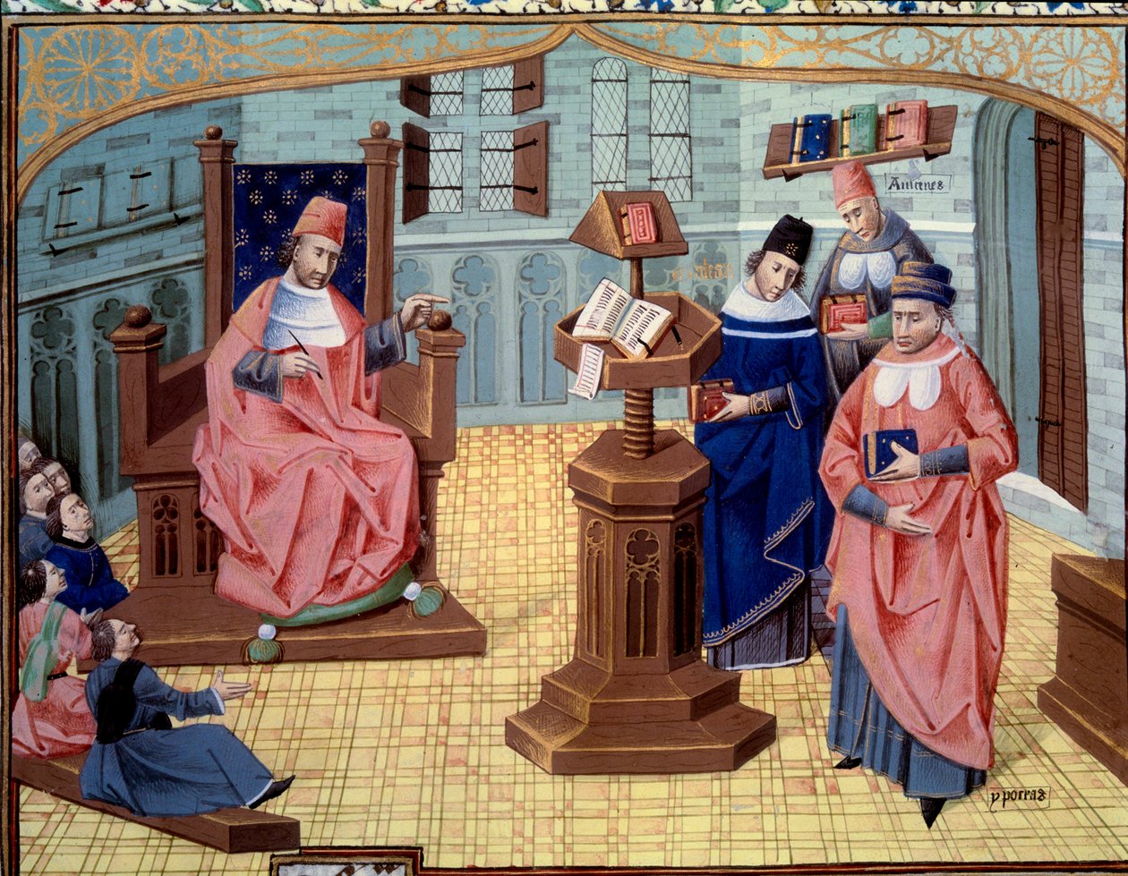 Fyr fra Chirugian Chauliac lærer. Til højre, 6 lyttere og til venstre 3 karakterer, der opsummerer medicinens historie: Claude Galien (131-201), græsk læge i antikken, Abu Ali al-Husayn ibn 