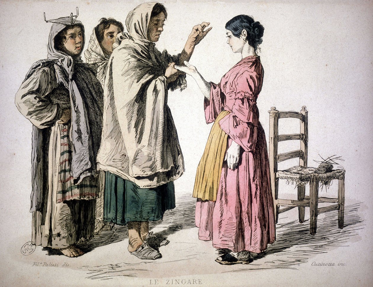 Sigøjnerlæsning i hånden - i "" Skik fra Kongeriget Napoli"", De Bourcard af Unknown artist