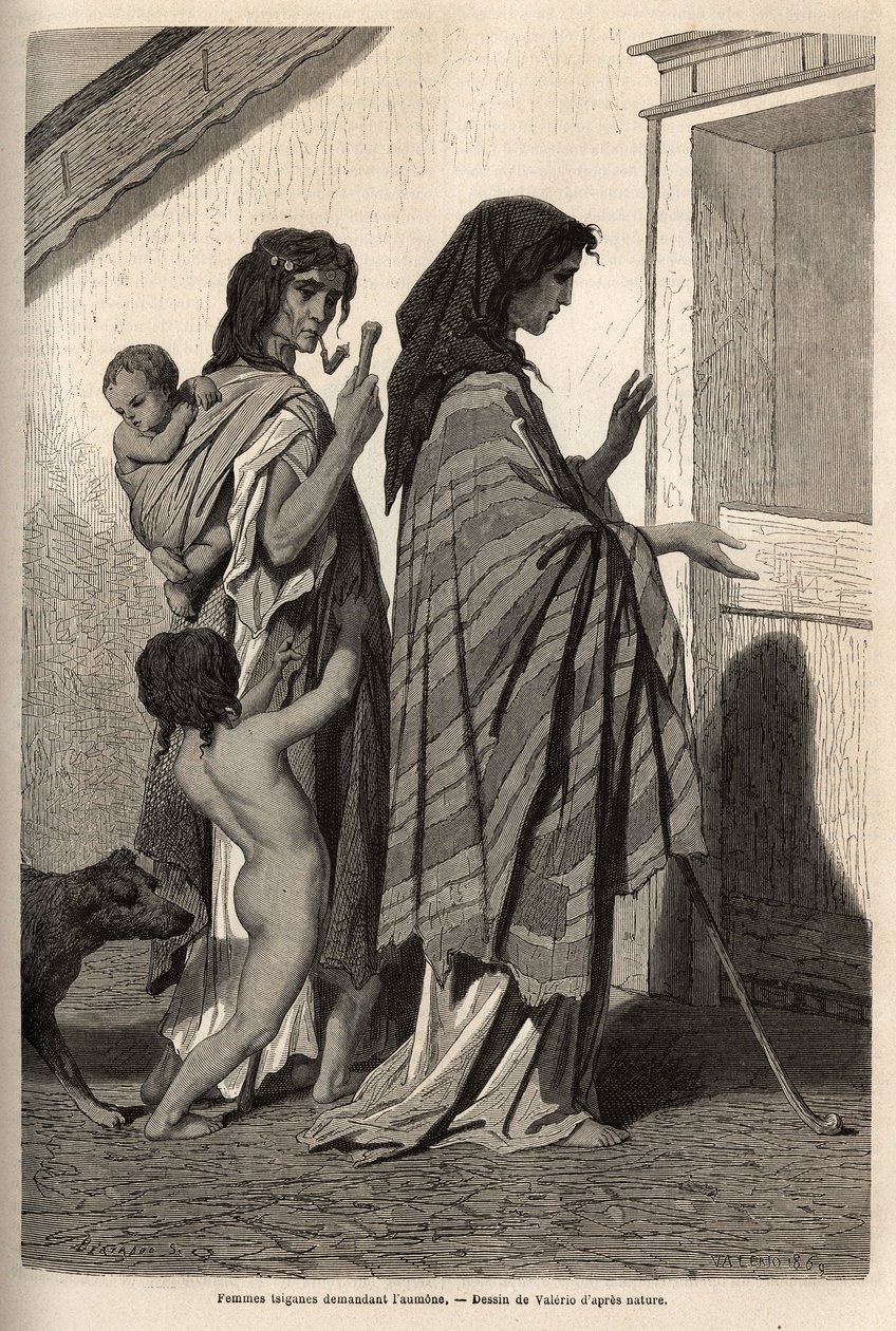Sigøjnerkvinder og -børn, i klude eller halvnøgne, beder om dør-til-dør almone i Essek (Donaubassinet). Gravering for at illustrere minderne om rejser blandt de sydlige slaver, af Georges Perrot, i 1868, udgivet i "" Le tour du monde"" 1870-1871, edit af Unknown artist