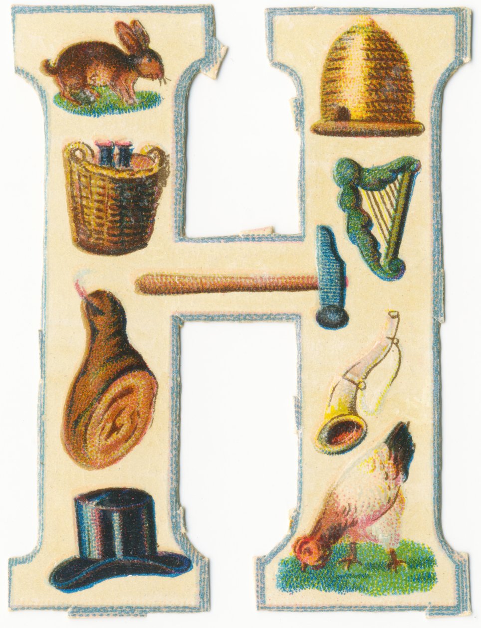 H: hare, bikube, høstkurv, harpe, hammer, skinke, horn, hat, høne (farve litho) af Unknown artist
