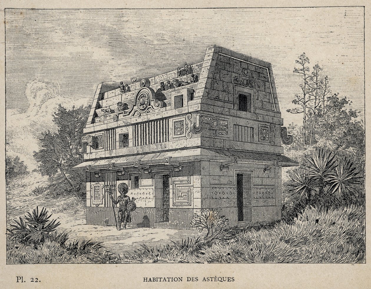 Habitation des Asteques (Azteques) (nogle af aztekerne) - indgravering af 1889 i "History of human habitation at the Universal Exhibition of 1889, by Mr Charles GARNIER - Librairie centrale des beaux-arts Paris 1889 af Unknown artist